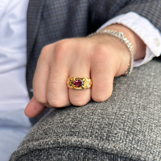 2.11ct Pink Spinel, Diamond Devil Mask Ring set in 14k Yellow Gold