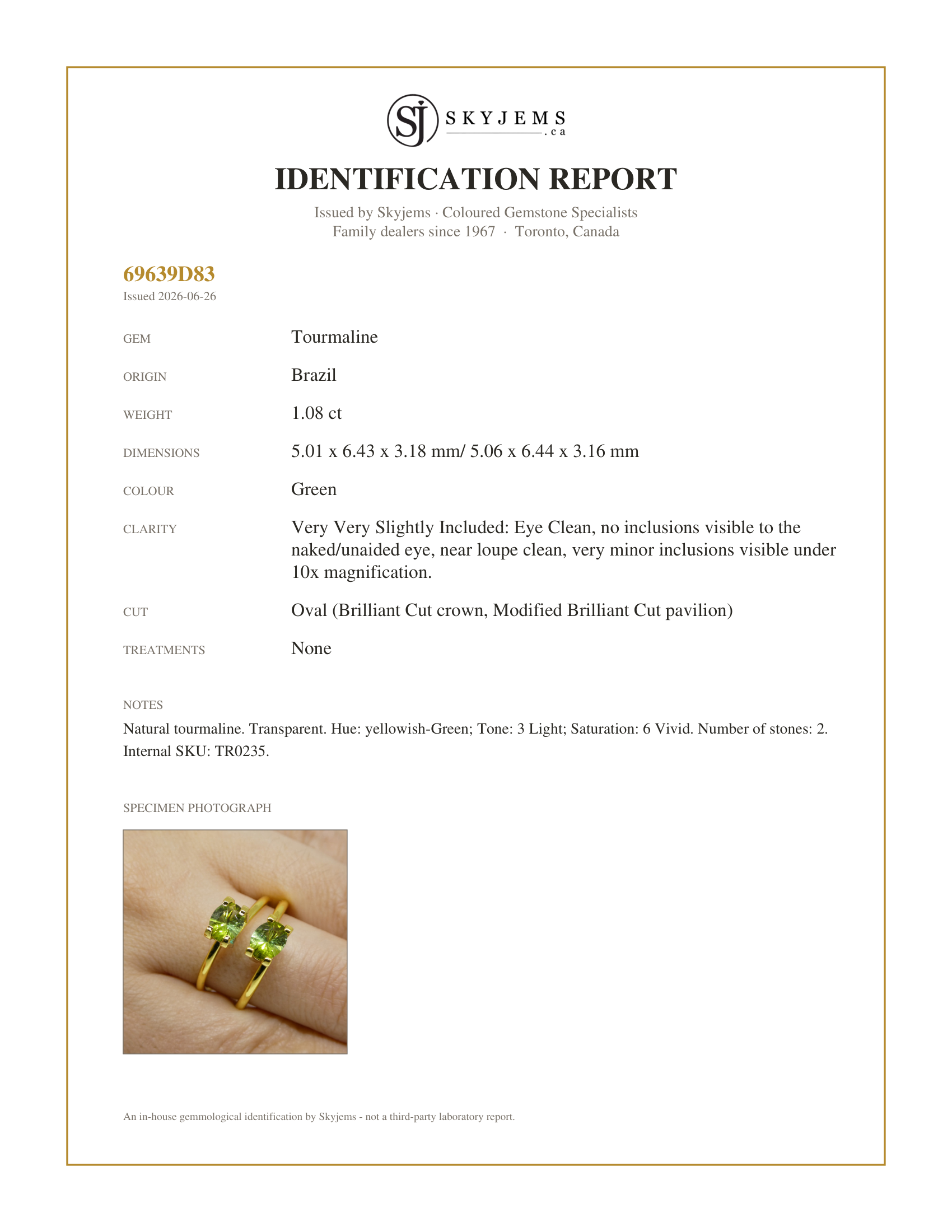 Skyjems Identification Report for TR0235 — 1.08ct Pair Oval Green Tourmaline
