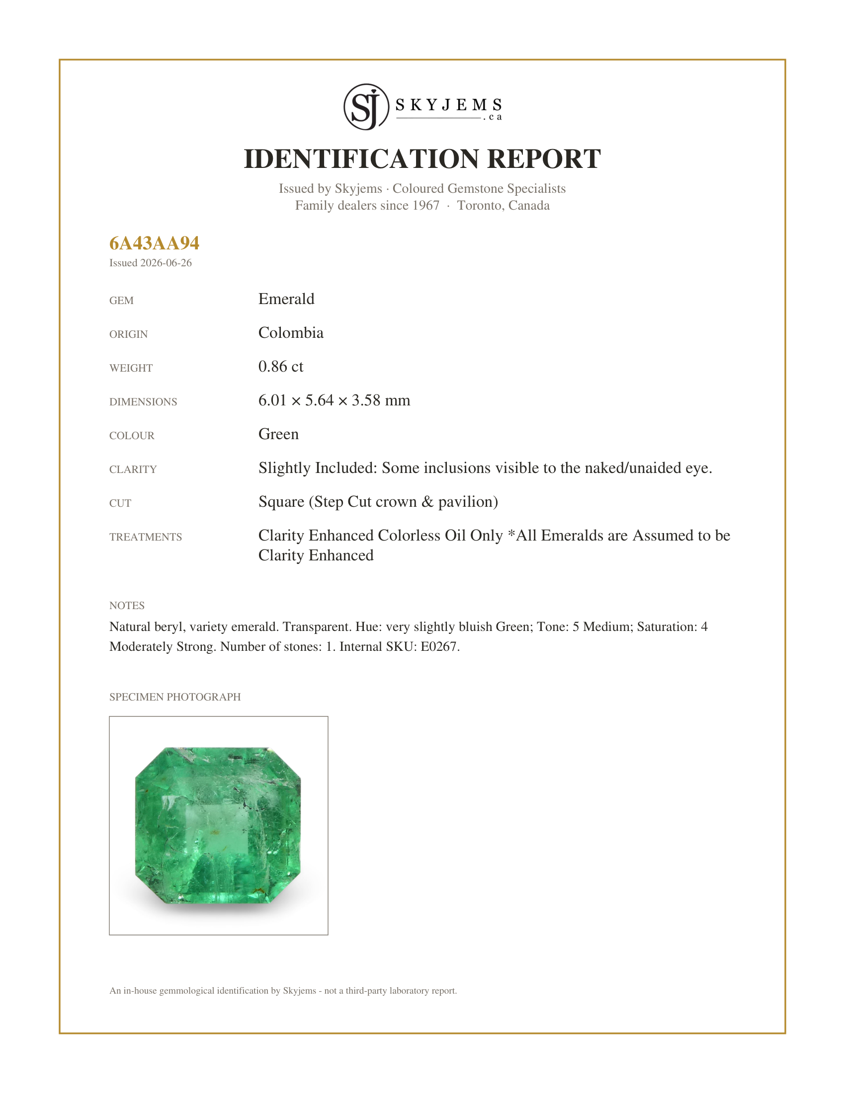 Skyjems Identification Report for E0267 — 0.86ct Square Green Emerald from Colombia