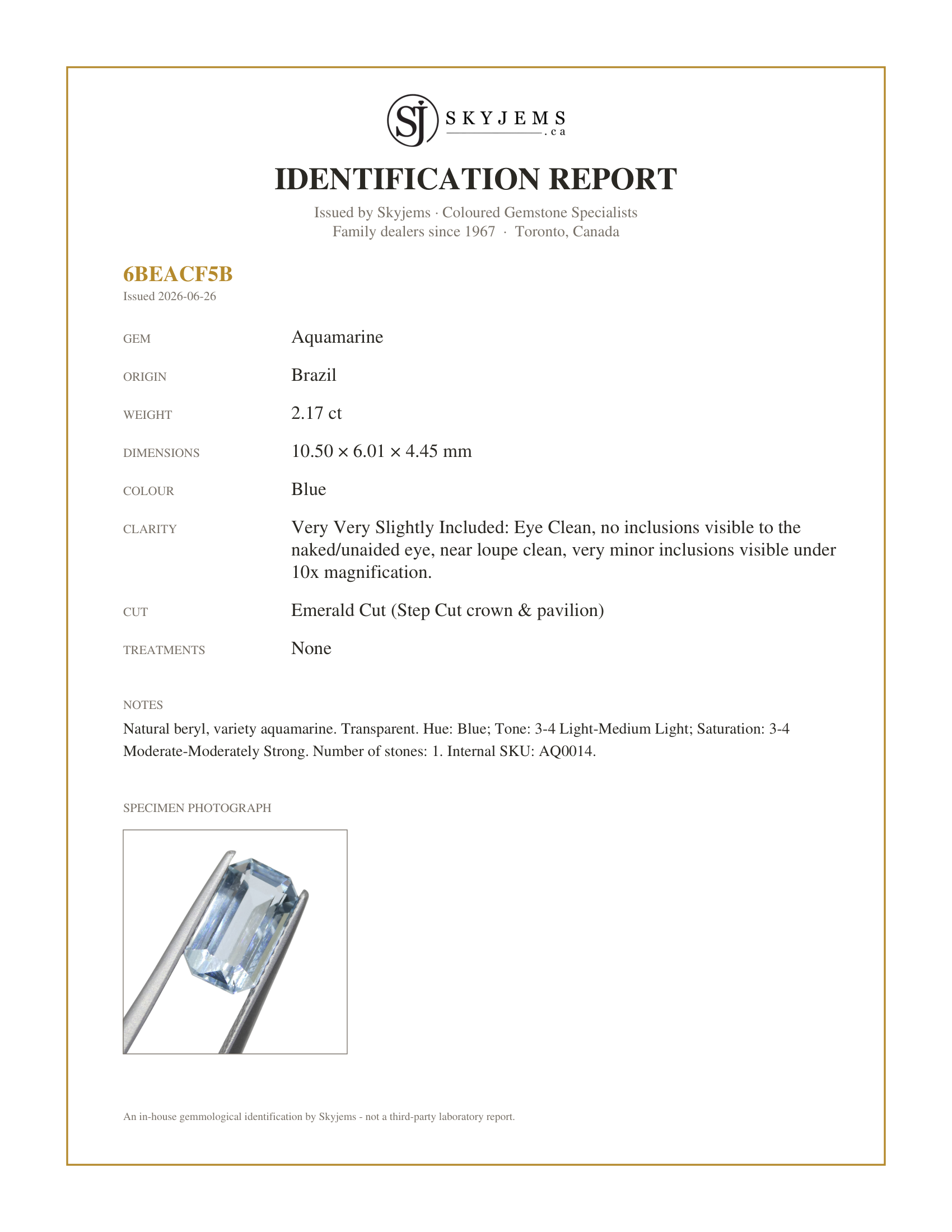 Skyjems Identification Report for AQ0014 — 2.17ct Emerald Cut Blue Aquamarine from Brazil