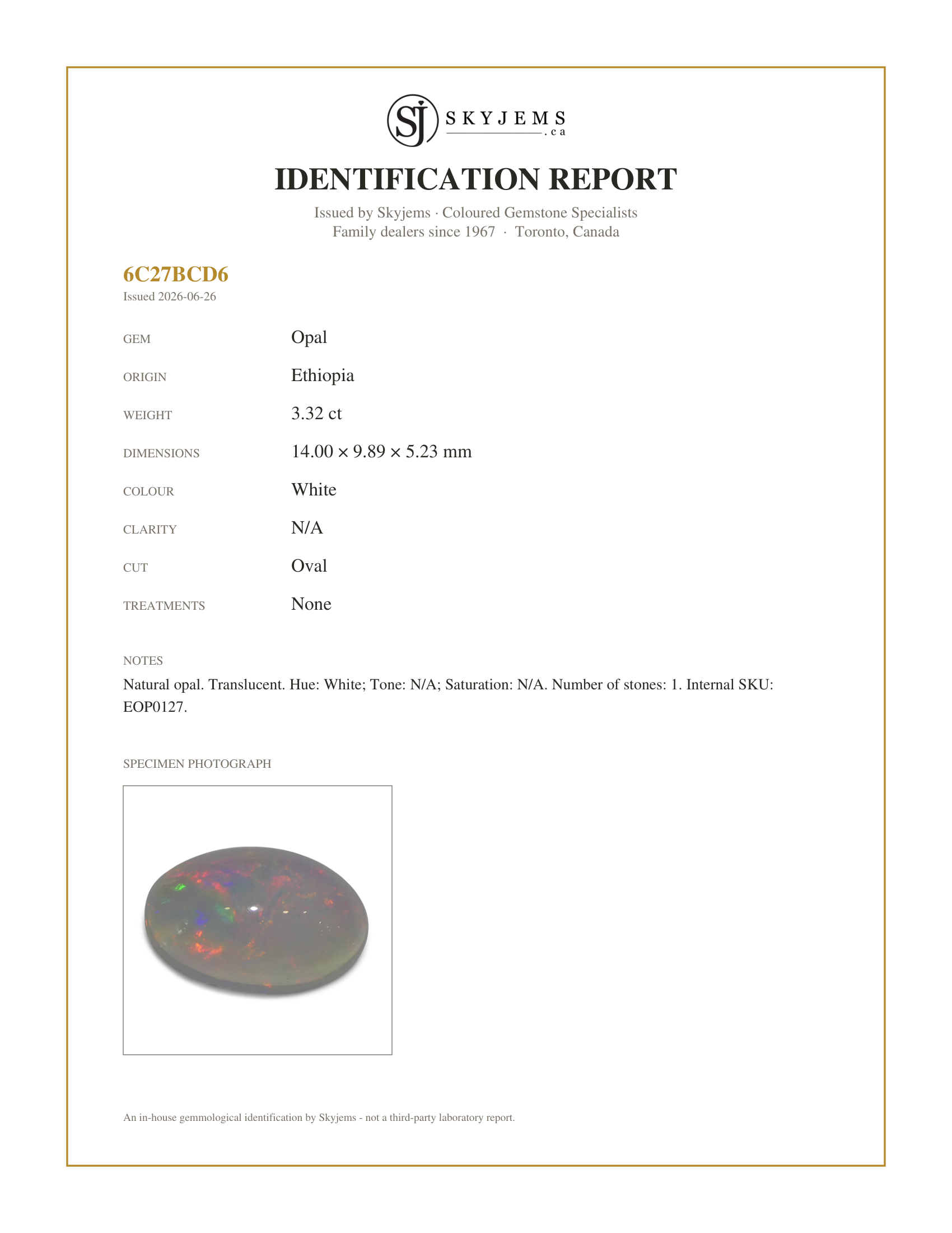 Skyjems Identification Report for EOP0127 — 3.32ct Oval Cabochon White Crystal Opal from Ethiopia