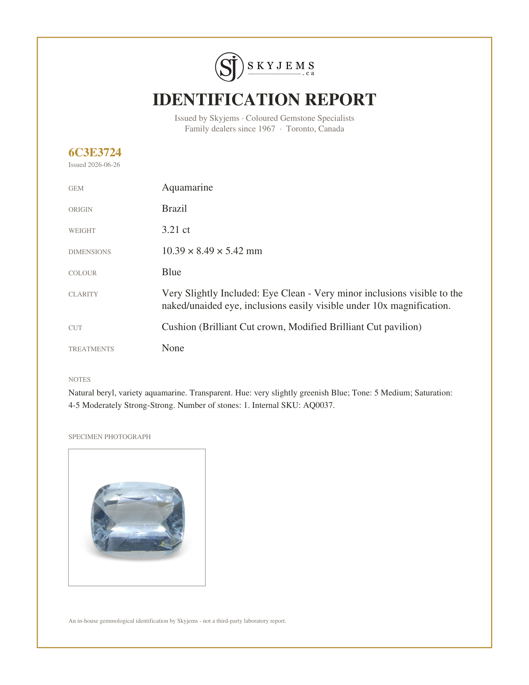 Skyjems Identification Report for AQ0037 — 3.21ct Cushion Blue Aquamarine from Brazil