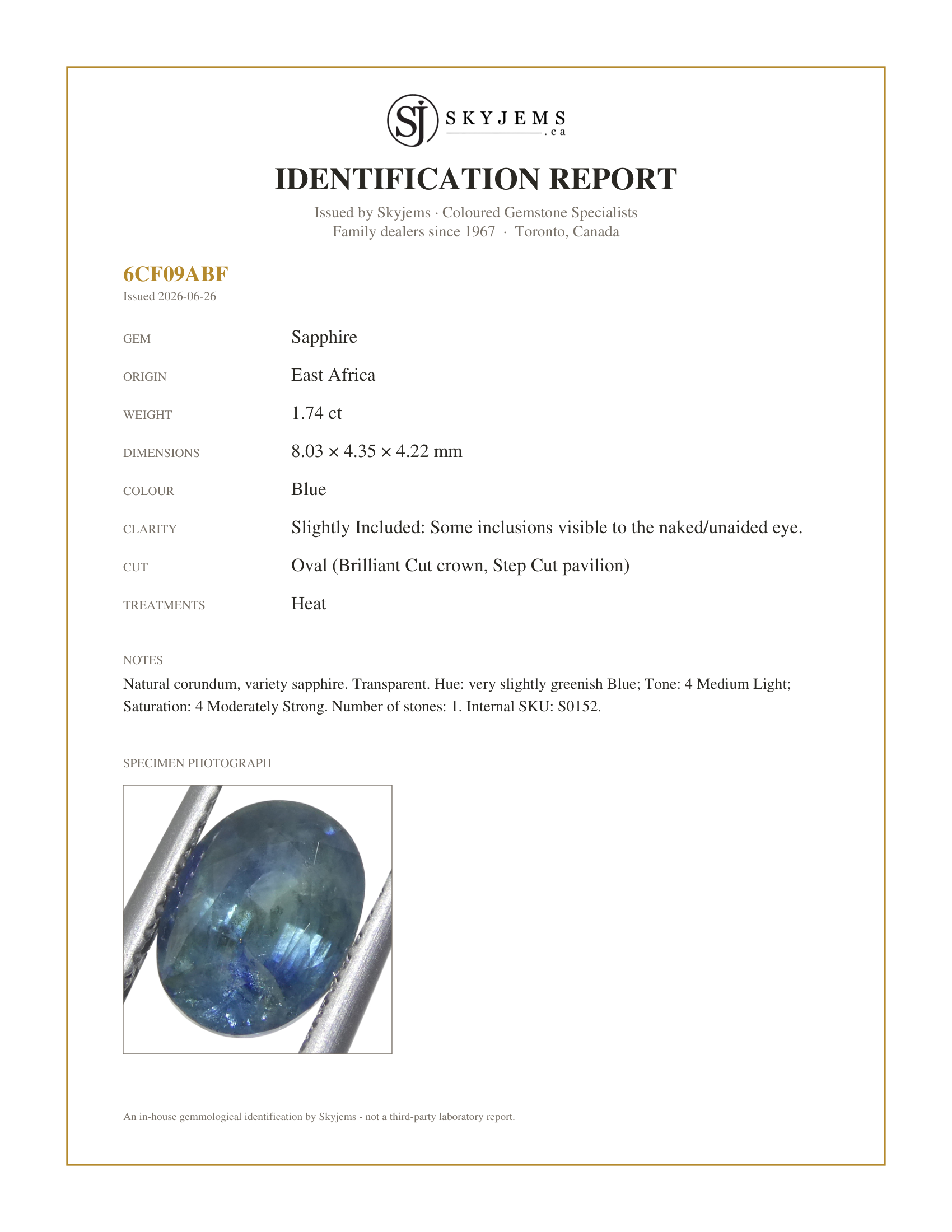 Skyjems Identification Report for S0152 — 1.74ct Oval Teal Blue Sapphire from East Africa