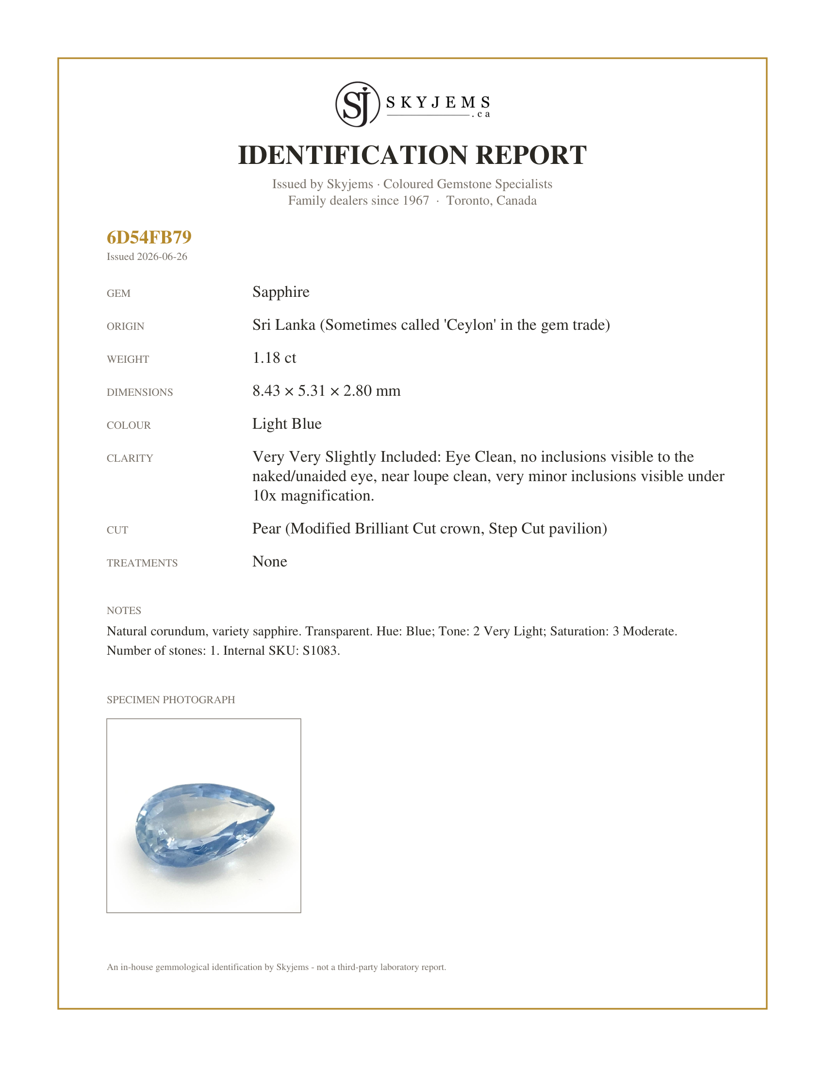 Skyjems Identification Report for S1083 — 1.18ct Pear Icy Blue Sapphire from Sri Lanka Unheated