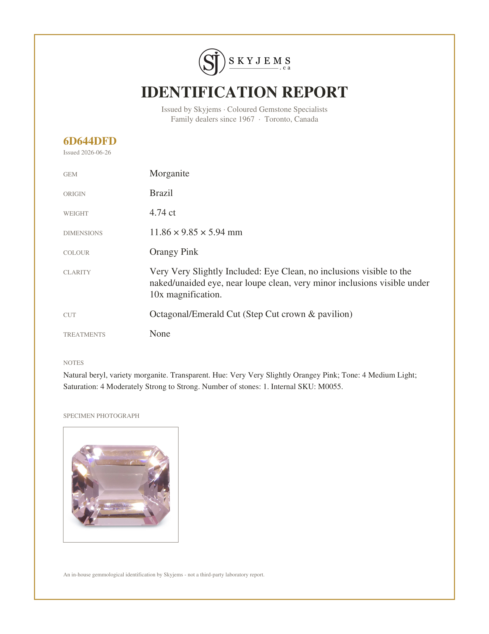 Skyjems Identification Report for M0055 — 4.74ct Octagonal/Emerald Cut Orangy Pink Morganite