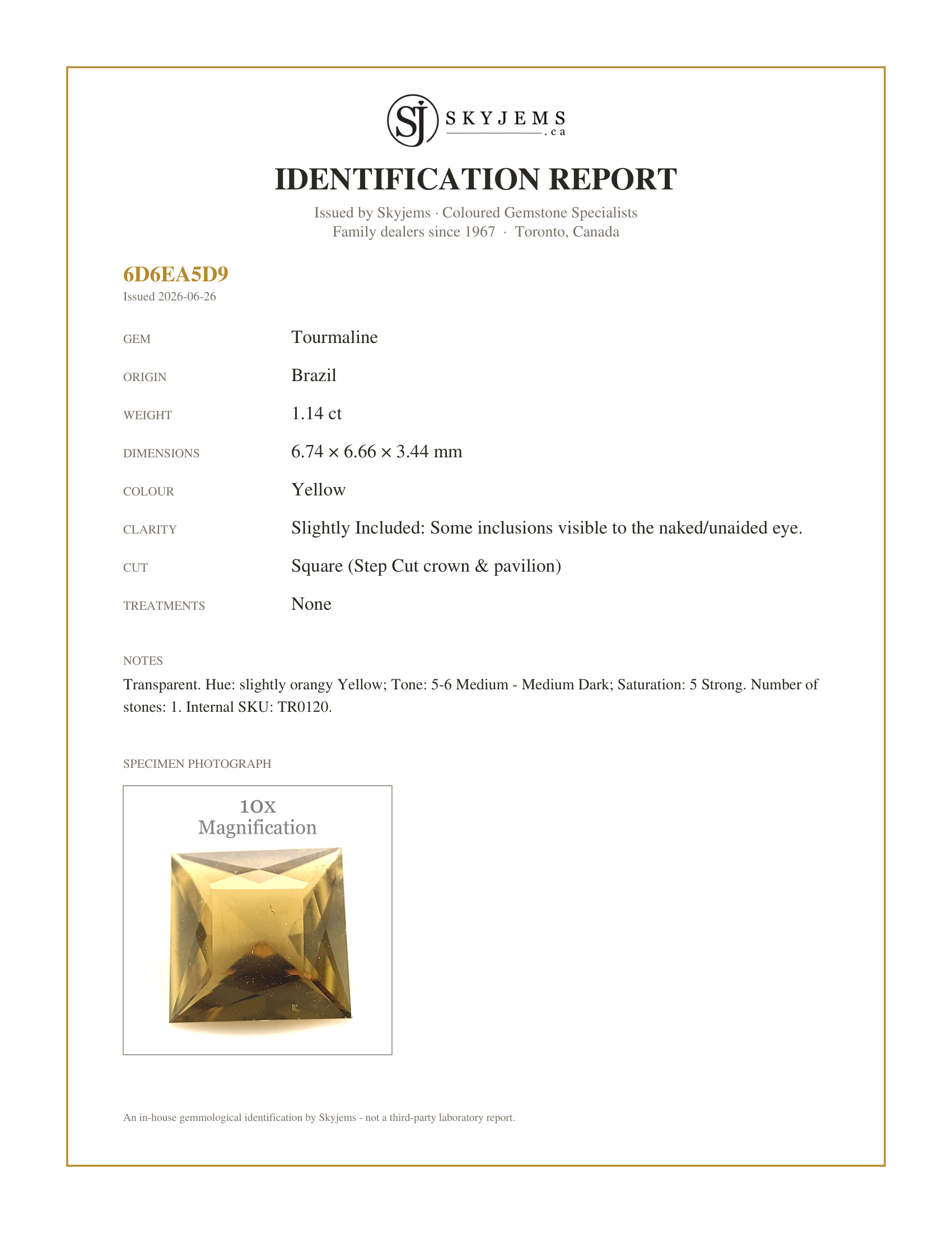 Skyjems Identification Report for TR0120 — 1.14ct Square orangy Yellow Tourmaline