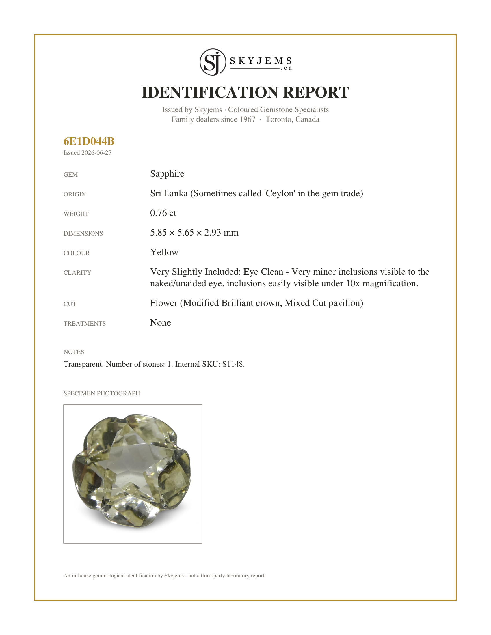 Skyjems Identification Report for S1148 — 0.76ct Yellow Sapphire Flower