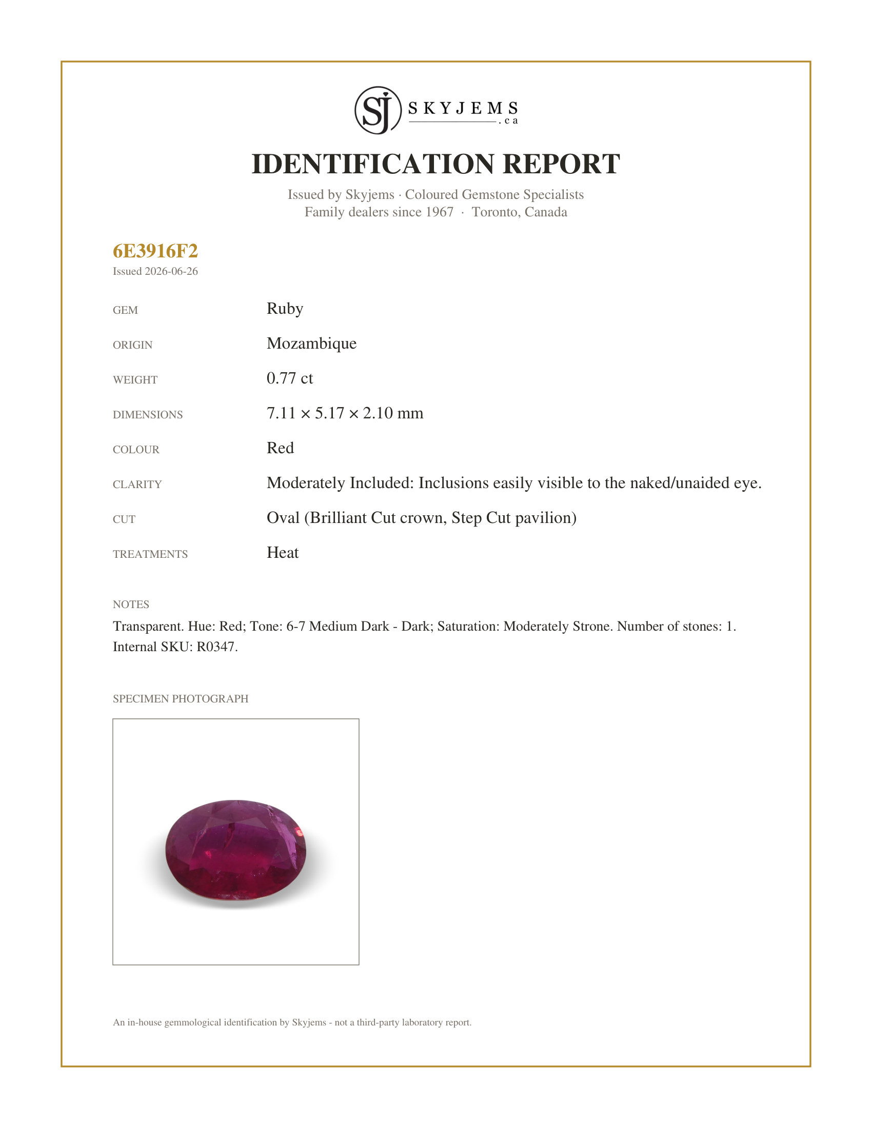 Skyjems Identification Report for R0347 — 0.77ct Oval Red Ruby from Mozambique