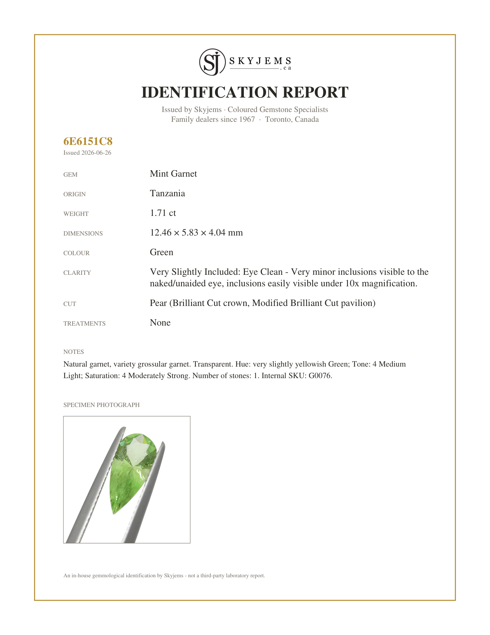 Skyjems Identification Report for G0076 — 1.71ct Pear Green Merelani Mint Tsavorite Garnet from Tanzania