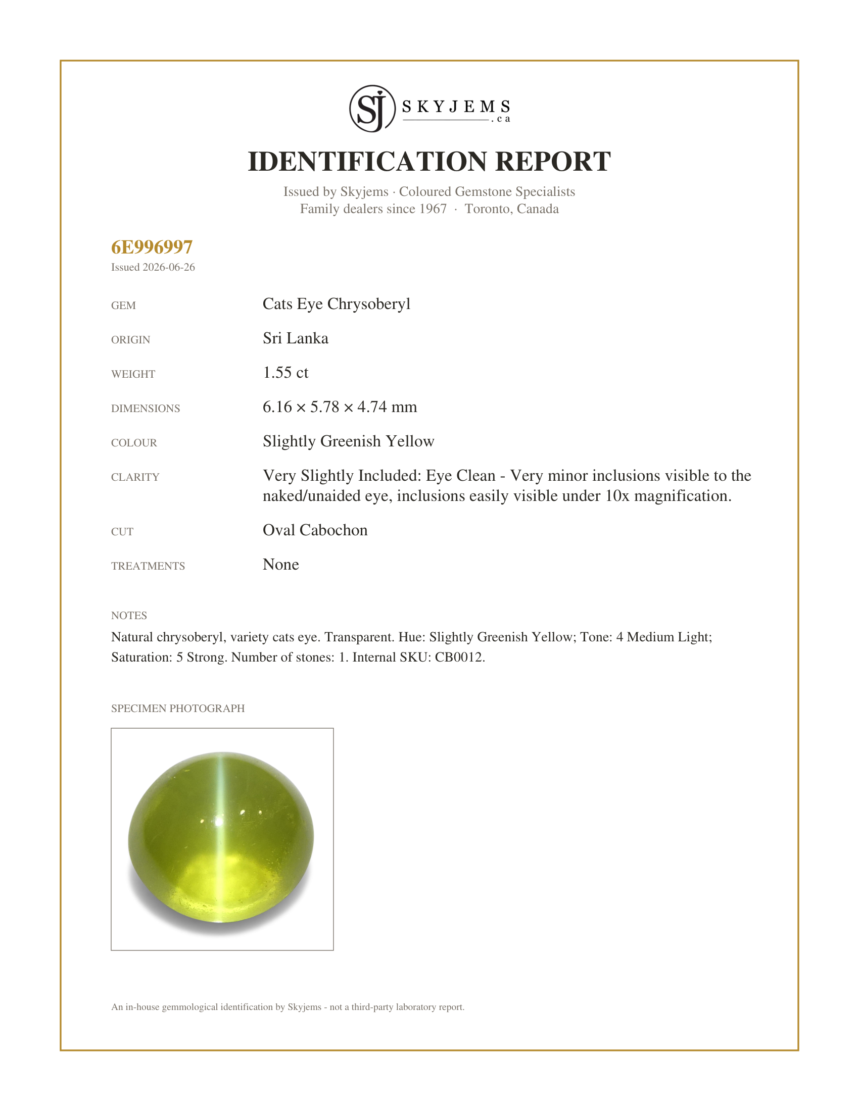 Skyjems Identification Report for CB0012 — 1.55ct Oval Cabochon Greenish Yellow Cats Eye Chrysoberyl