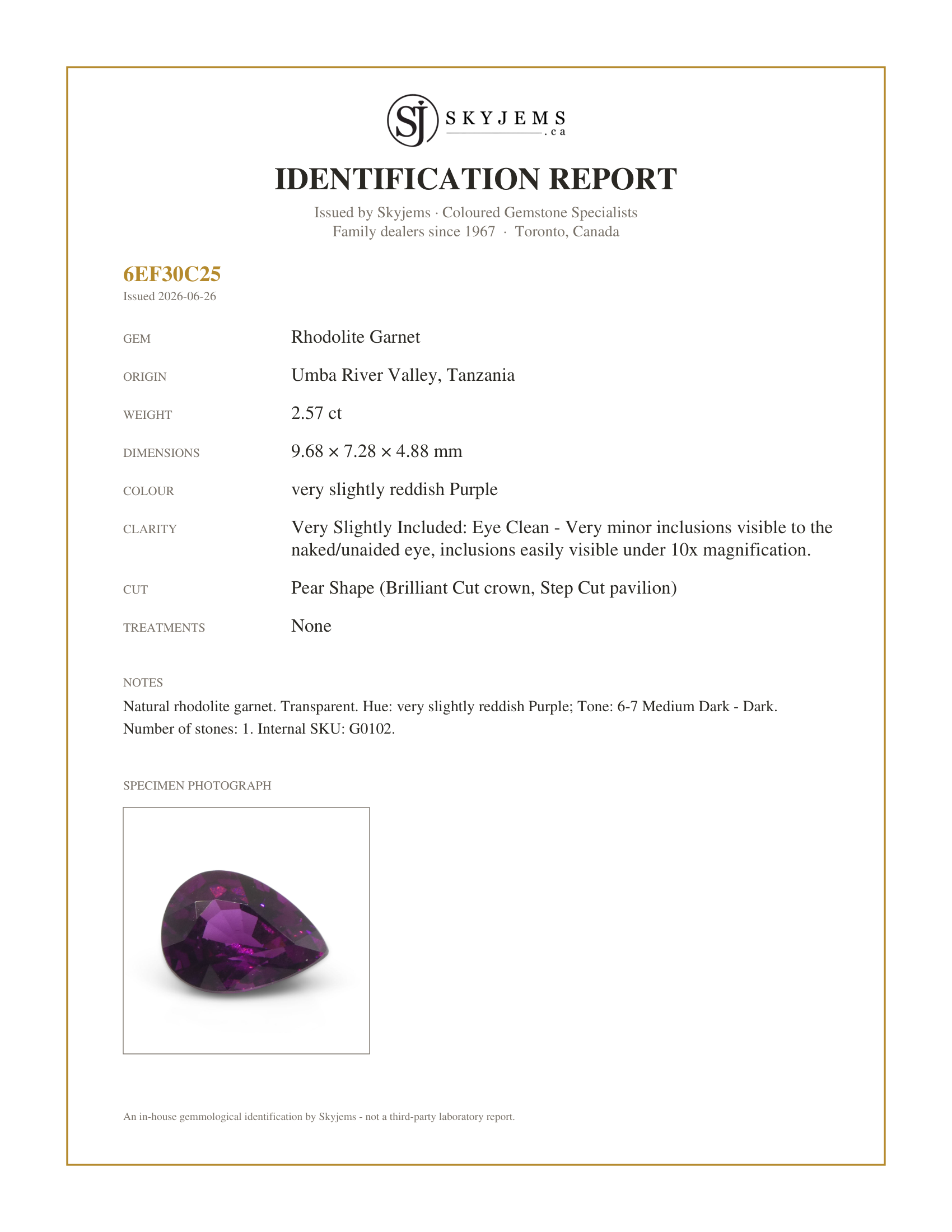 Skyjems Identification Report for G0102 — 2.57ct Pear Shape Purple Rhodolite Garnet from Umba River Valley, Tanzania