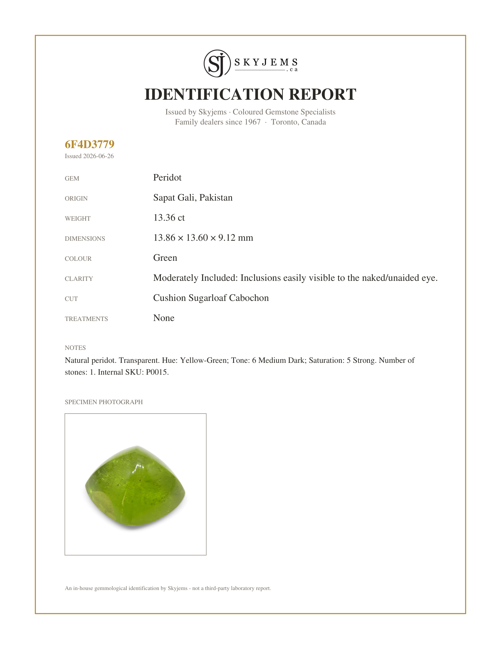Skyjems Identification Report for P0015 — 13.36ct Cushion Sugarloaf Cabochon Yellow-Green Peridot