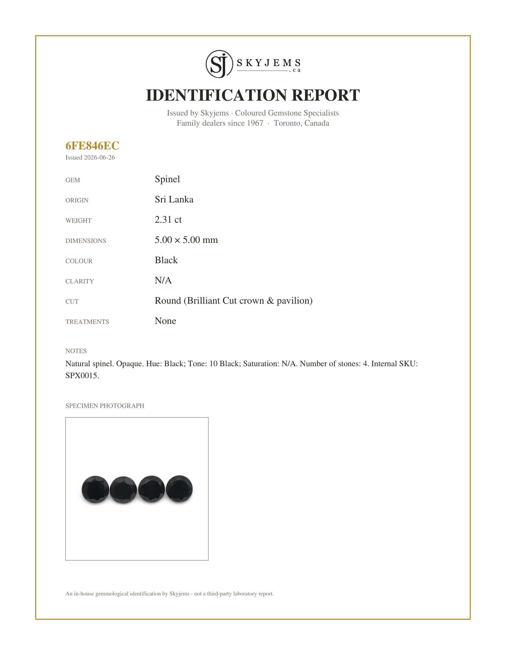 Skyjems Identification Report for SPX0015 — 2.31ct 4 Stones - 5mm Brilliant Cut Round Black Spinel from Sri Lanka
