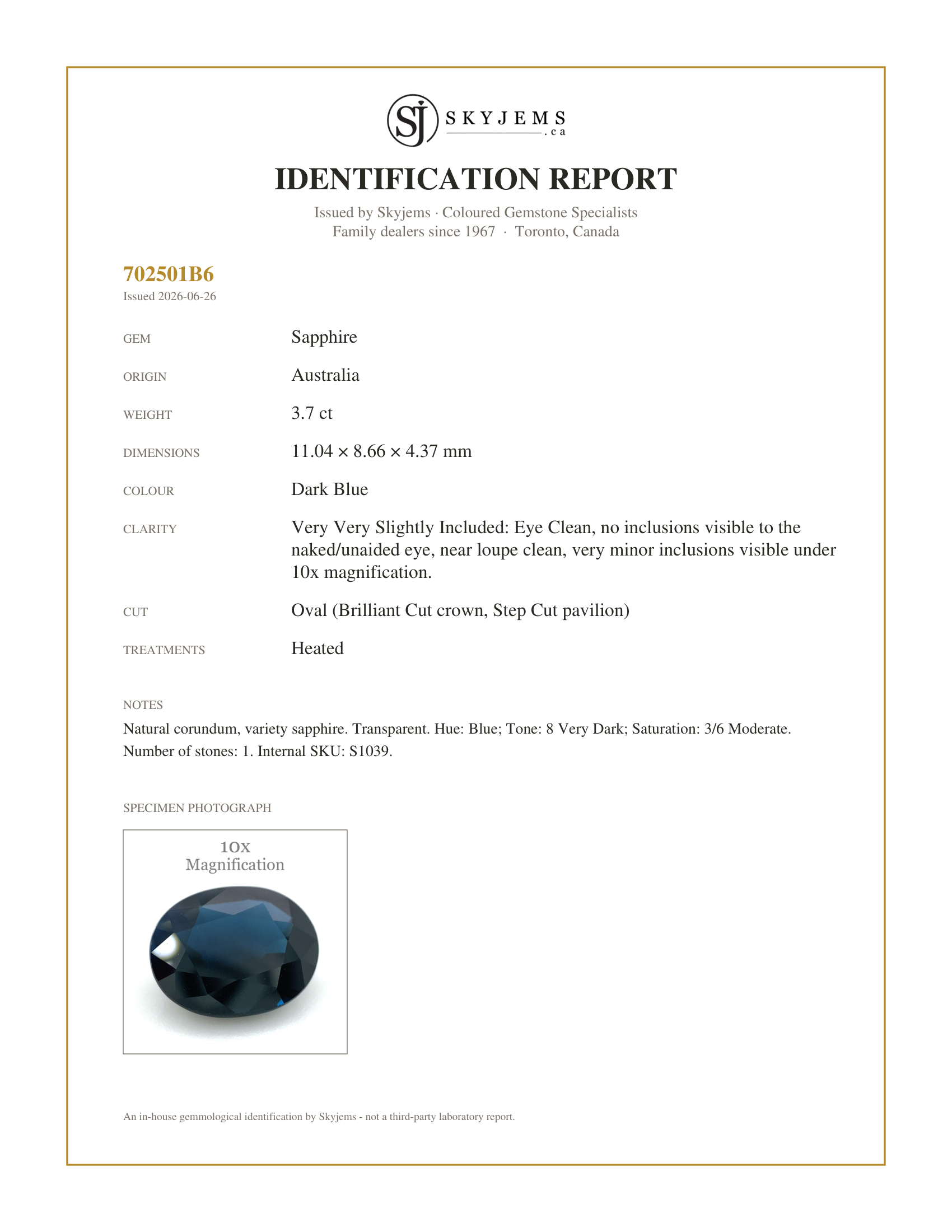 Skyjems Identification Report for S1039 — 3.7ct Oval Dark Blue Sapphire from Australia