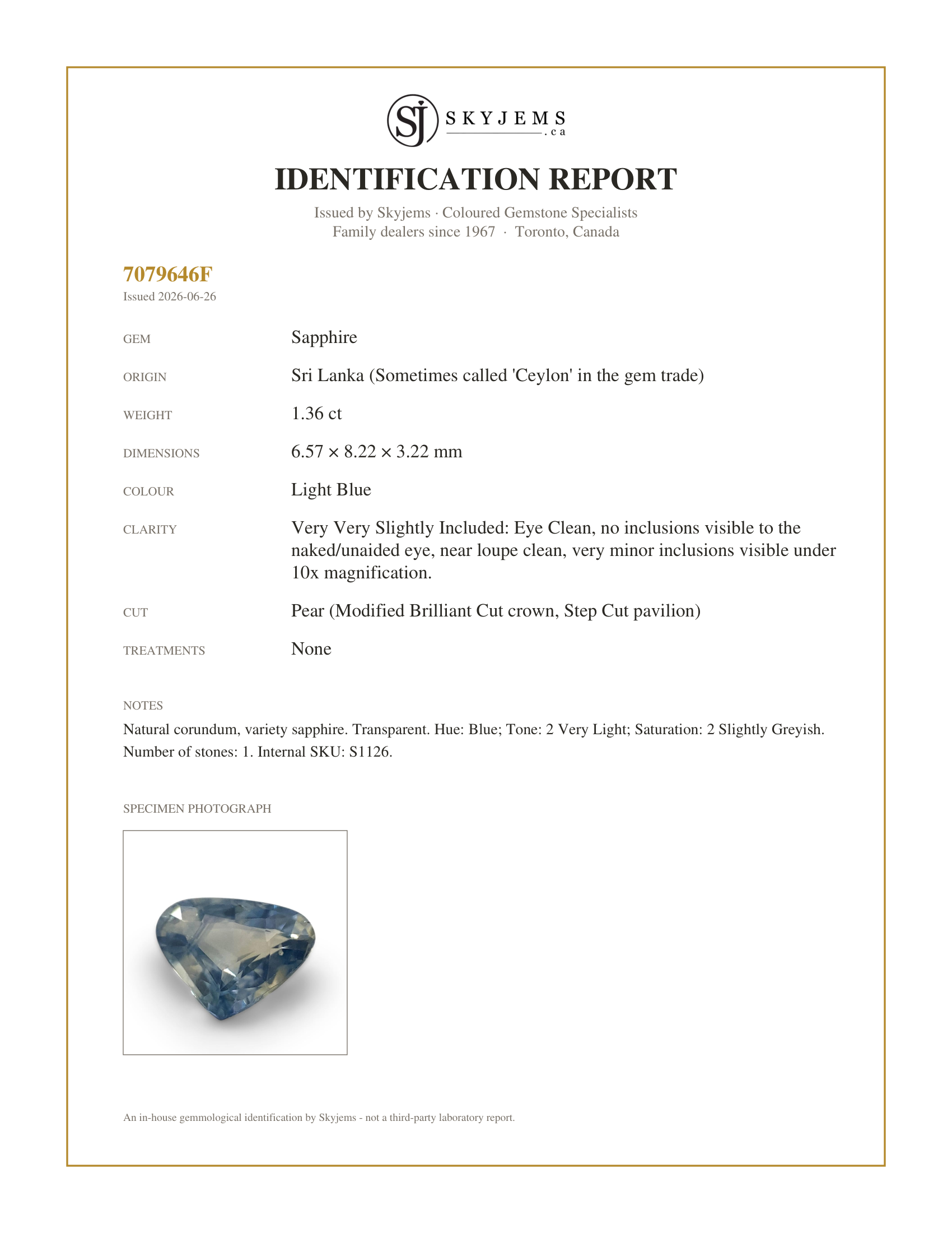 Skyjems Identification Report for S1126 — 1.36ct Pear Icy Blue Sapphire from Sri Lanka Unheated