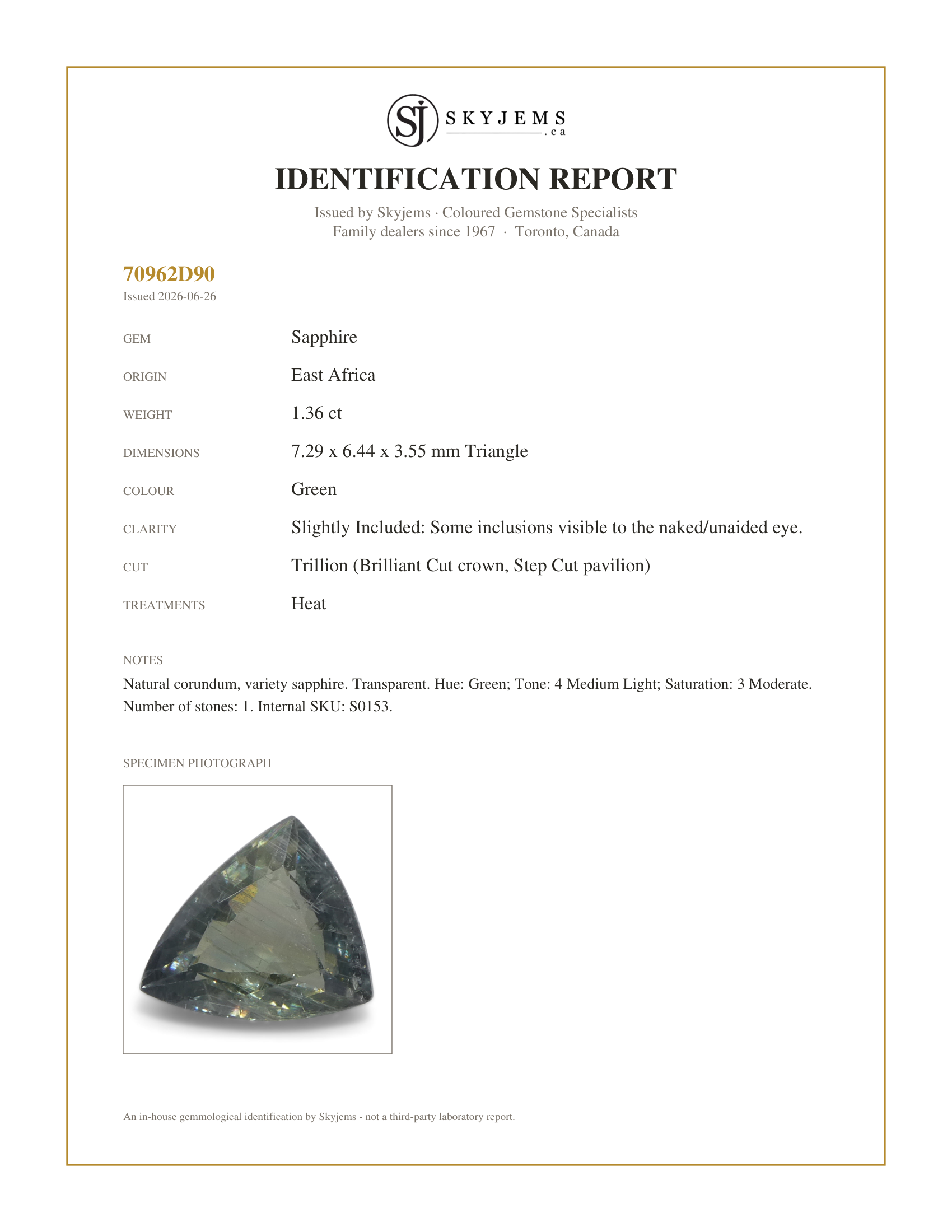 Skyjems Identification Report for S0153 — 1.36ct Trillion/Triangle Green Sapphire from East Africa
