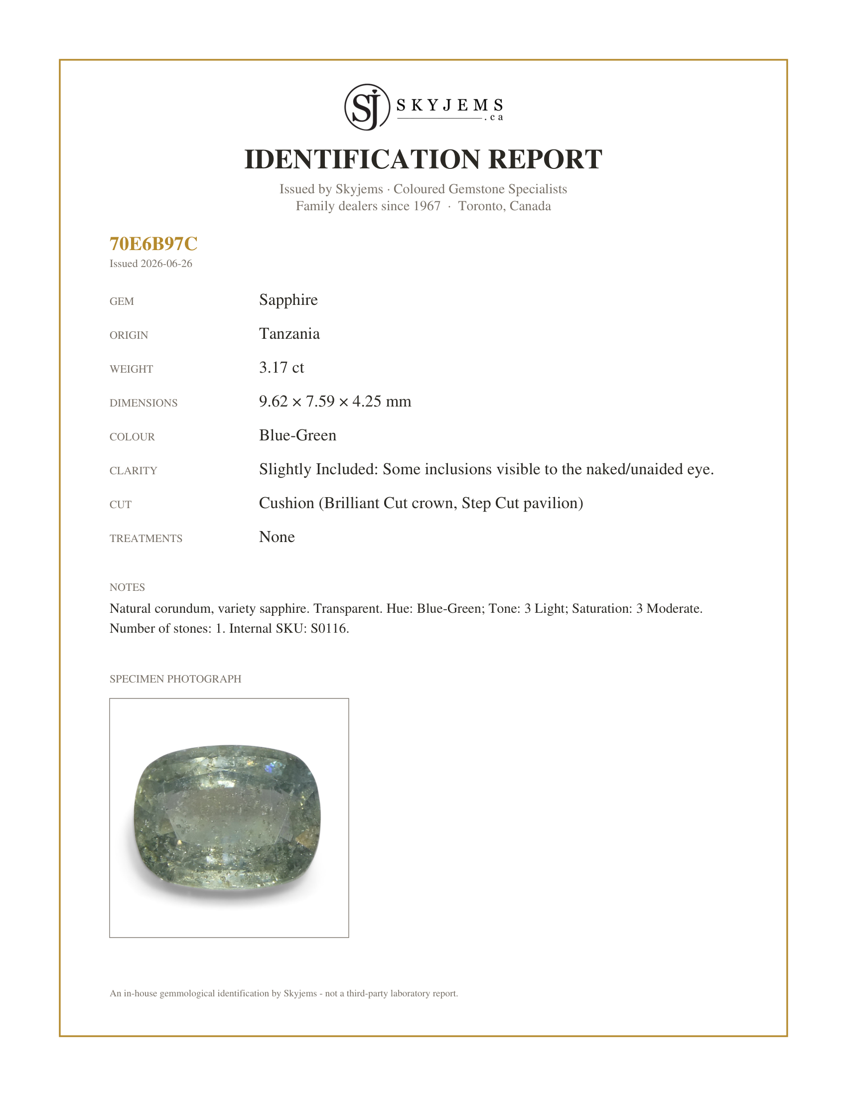 Skyjems Identification Report for S0116 — 3.17ct Cushion Teal Blue-Green Sapphire from Tanzania Unheated