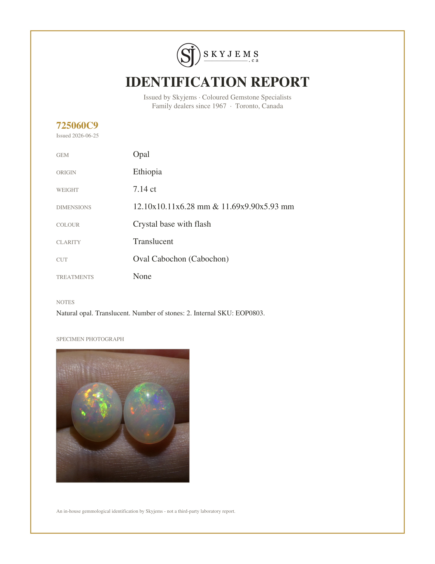 Skyjems Identification Report for EOP0803 — 7.14ct Oval Cabochon Crystal Opal Pair