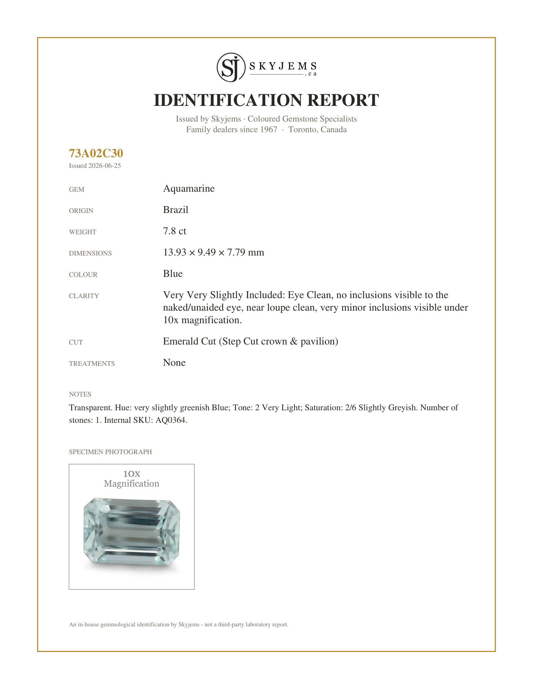 Skyjems Identification Report for AQ0364 — 7.8ct Emerald Cut Aquamarine
