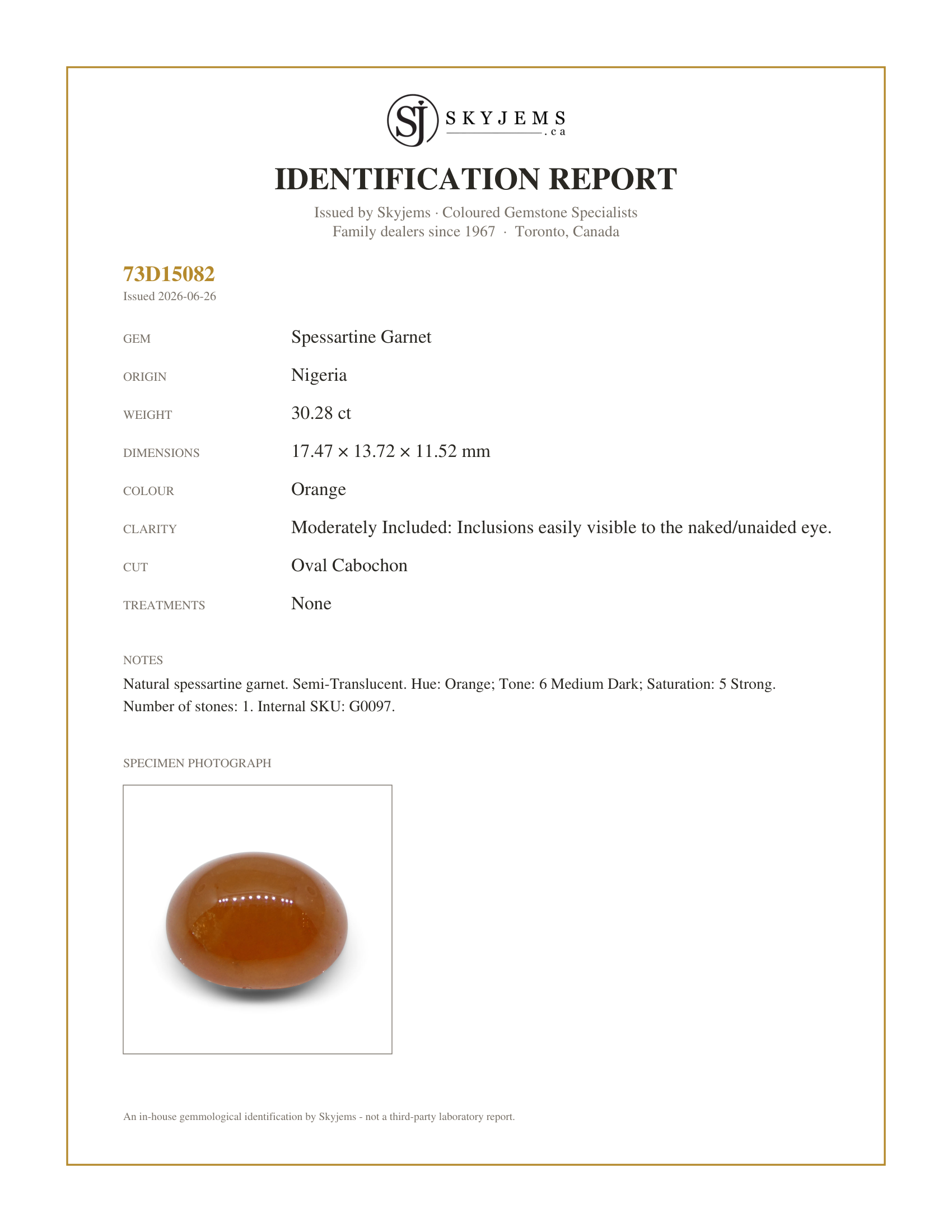 Skyjems Identification Report for G0097 — 30.28ct Oval Cabochon Orange Mandarin Spessartine Garnet from Nigeria