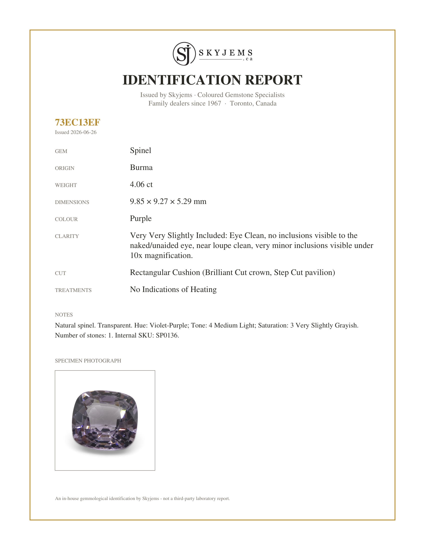 Skyjems Identification Report for SP0136 — 4.06ct Rectangular Cushion Purple Spinel from Burma