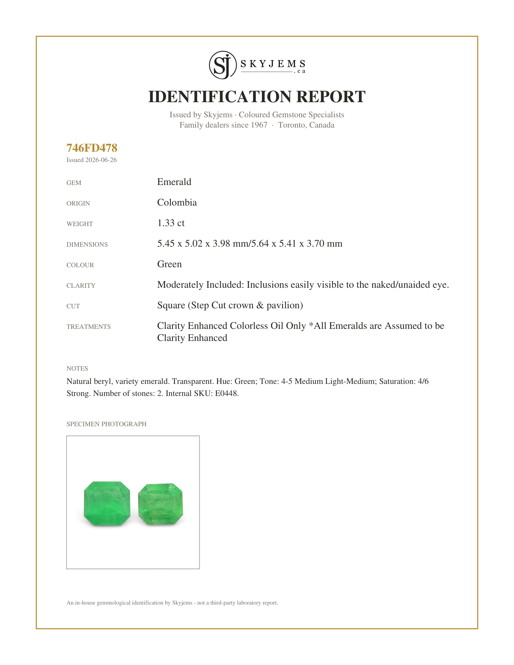 Skyjems Identification Report for E0448 — 1.33ct Pair Square Green Emerald from Colombia