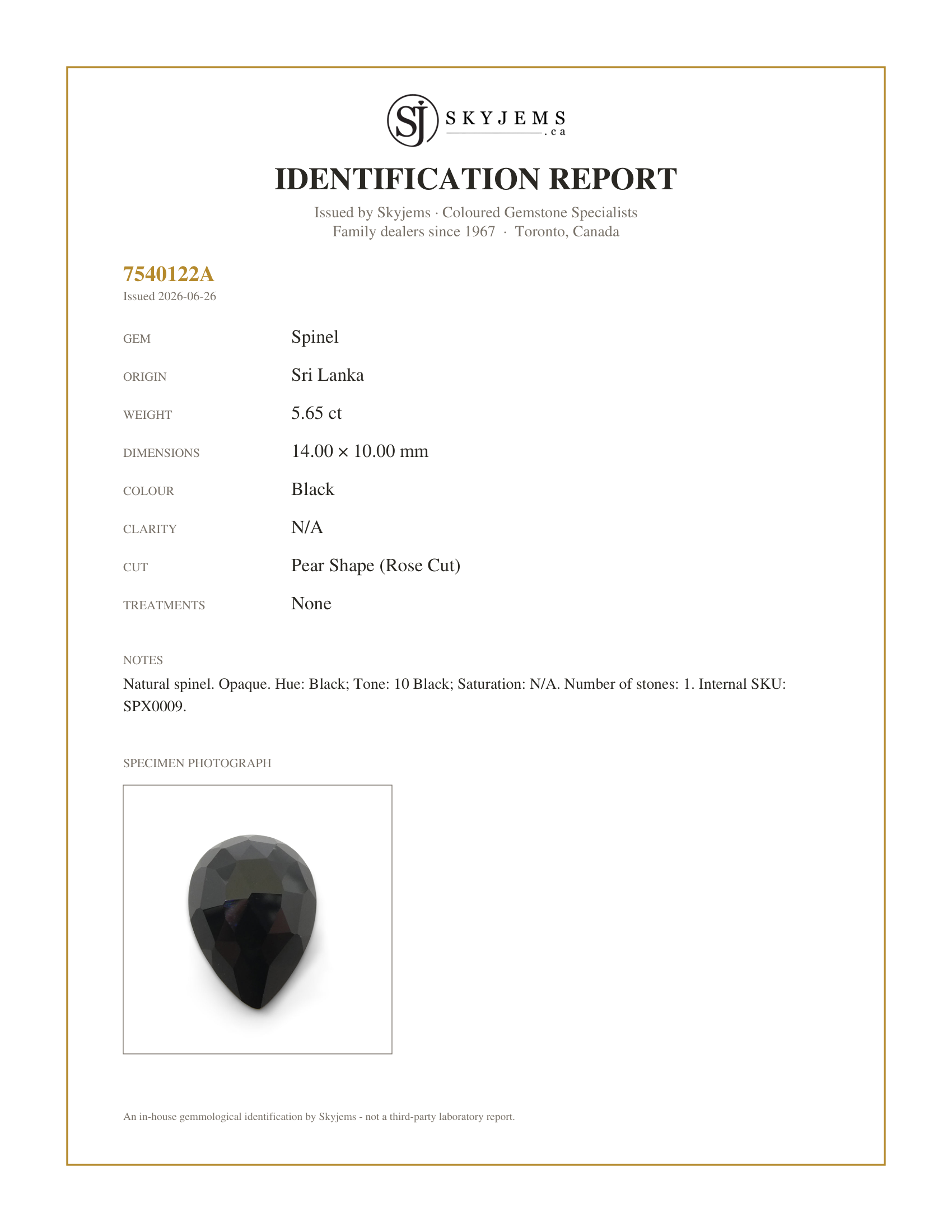 Skyjems Identification Report for SPX0009 — 5.65ct Rose Cut 14x10mm Pear Shape Black Spinel from Sri Lanka