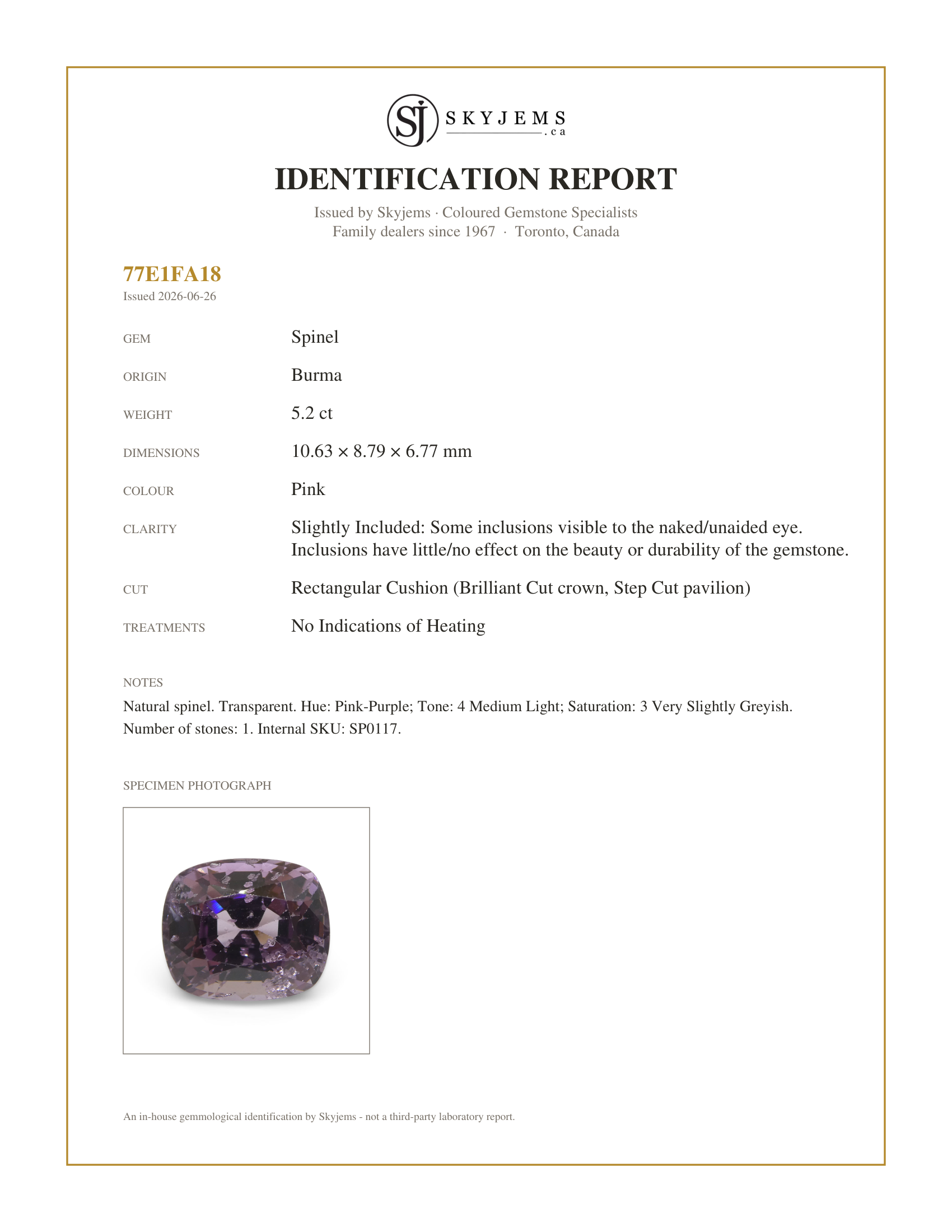 Skyjems Identification Report for SP0117 — 5.2ct Rectangular Cushion Pink Spinel from Burma