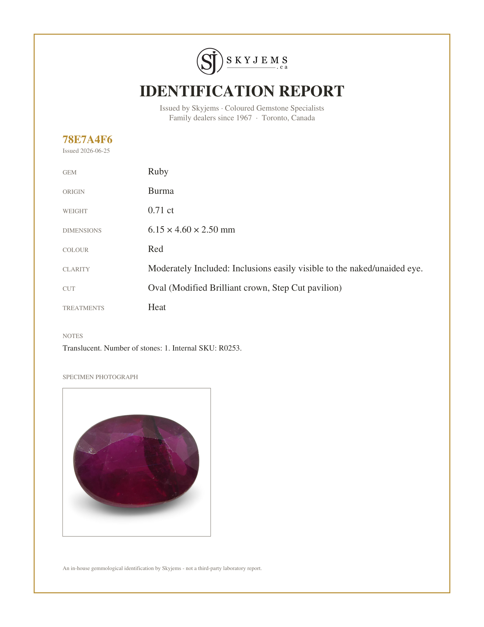 Skyjems Identification Report for R0253 — 0.71 ct Oval Ruby Burma