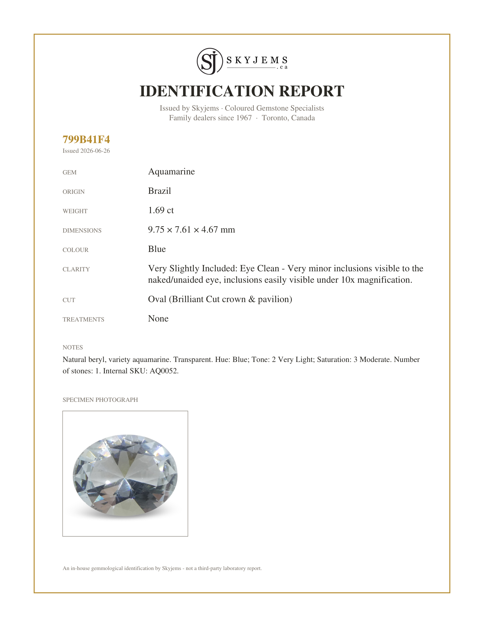 Skyjems Identification Report for AQ0052 — 1.69ct Oval Blue Aquamarine from Brazil Unheated