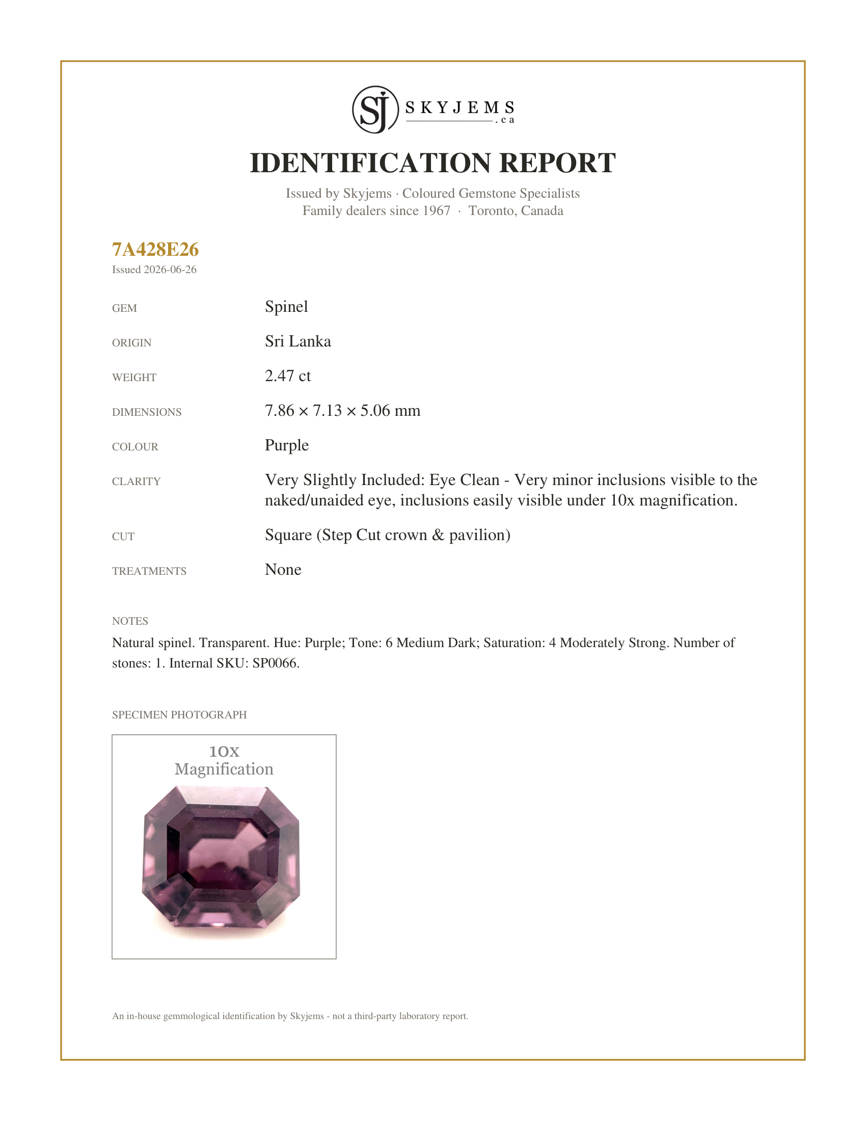 Skyjems Identification Report for SP0066 — 2.47ct Square Purple Spinel from Sri Lanka Unheated