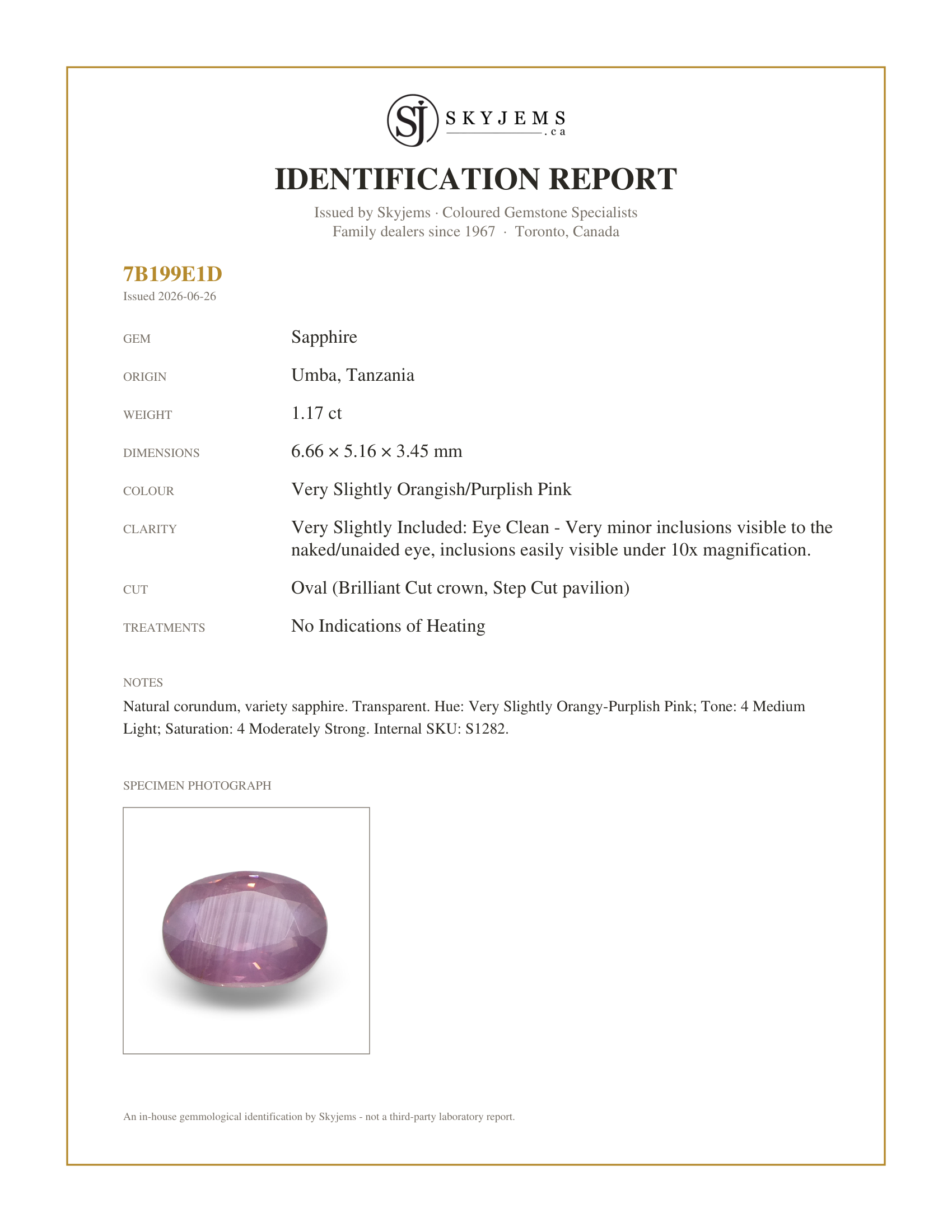 Skyjems Identification Report for S1282 — 1.17ct Oval Opalescent Orangy Purplish Pink Sapphire from Umba, Tanzania, Unheated