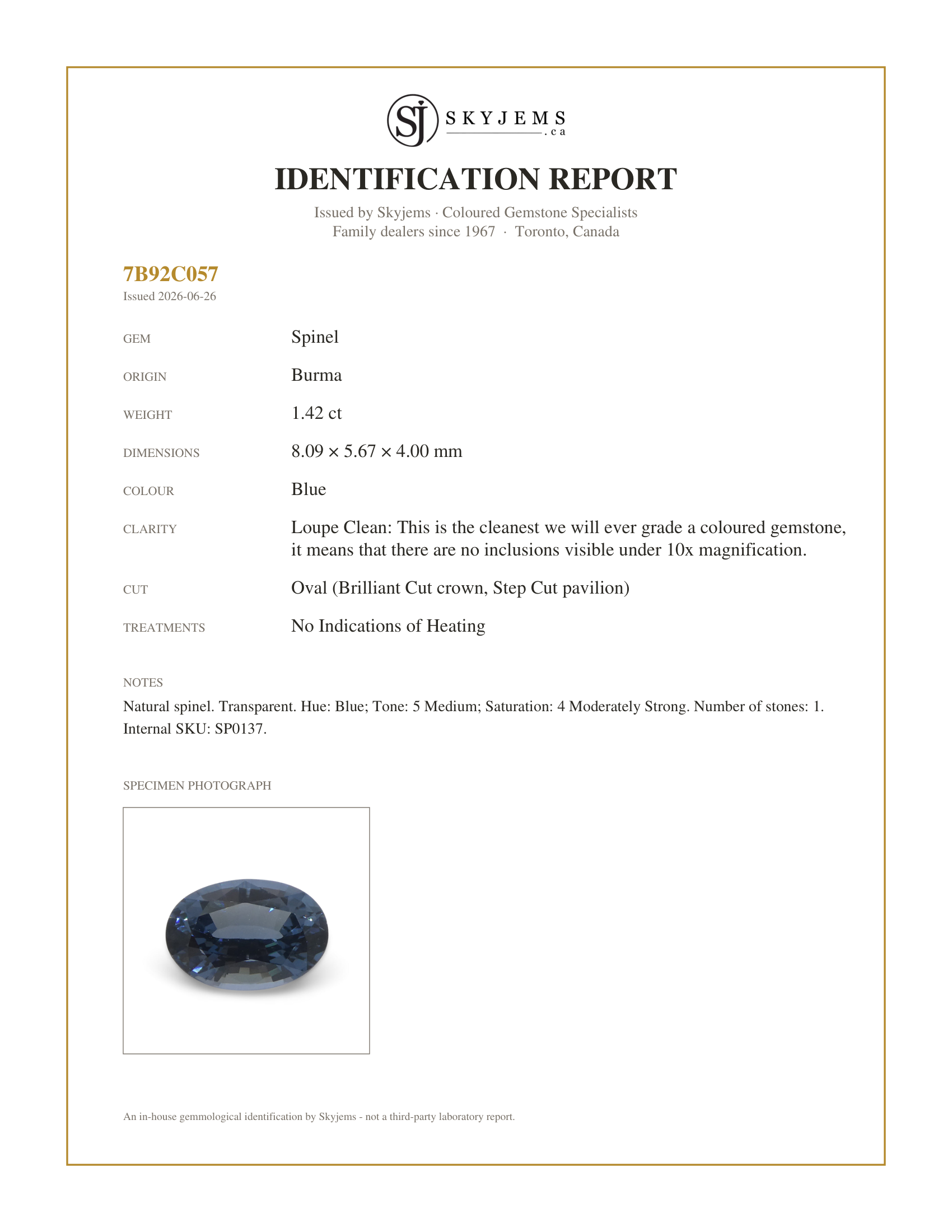 Skyjems Identification Report for SP0137 — 1.42ct Oval Blue Spinel from Burma