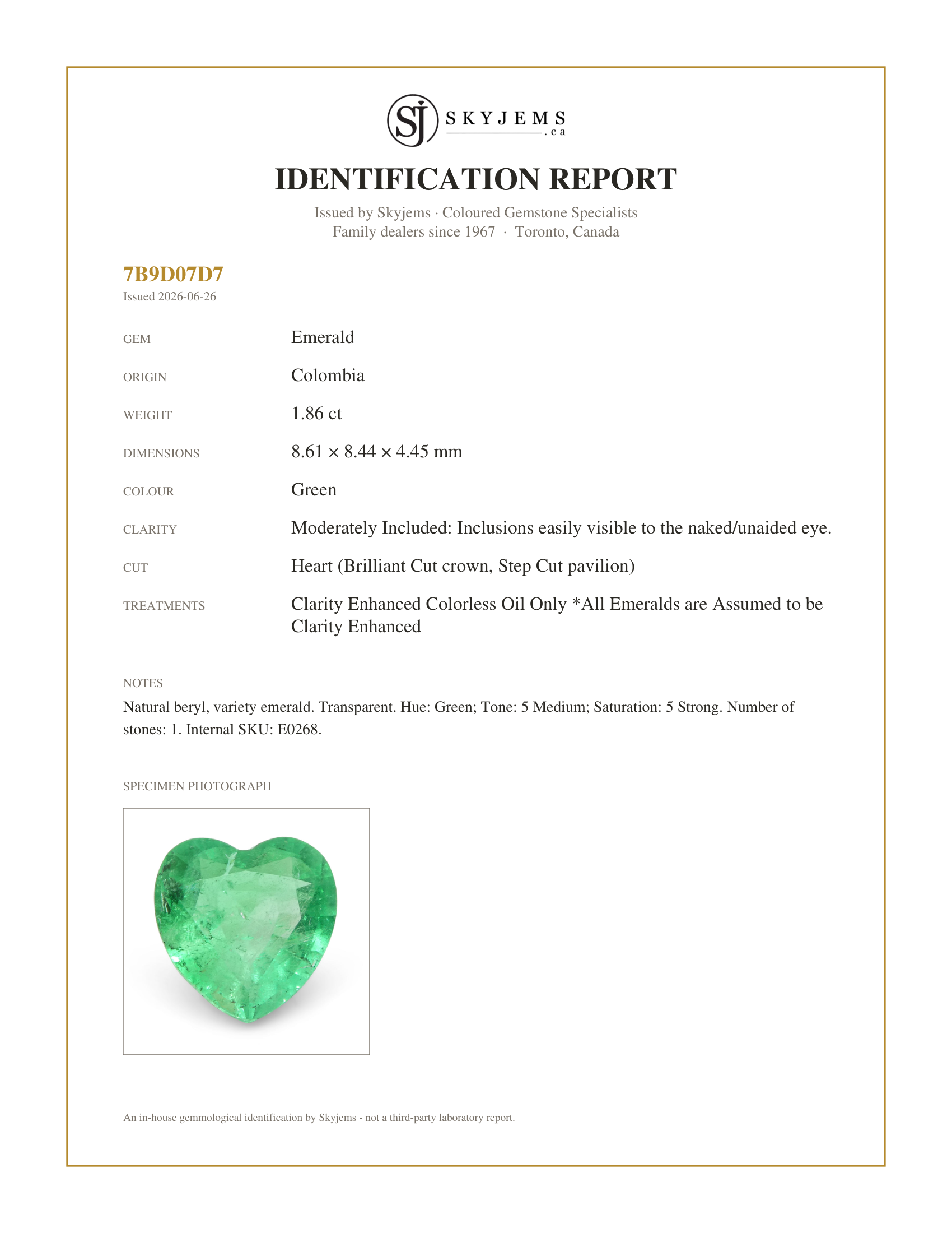 Skyjems Identification Report for E0268 — 1.86ct Heart Green Emerald from Colombia