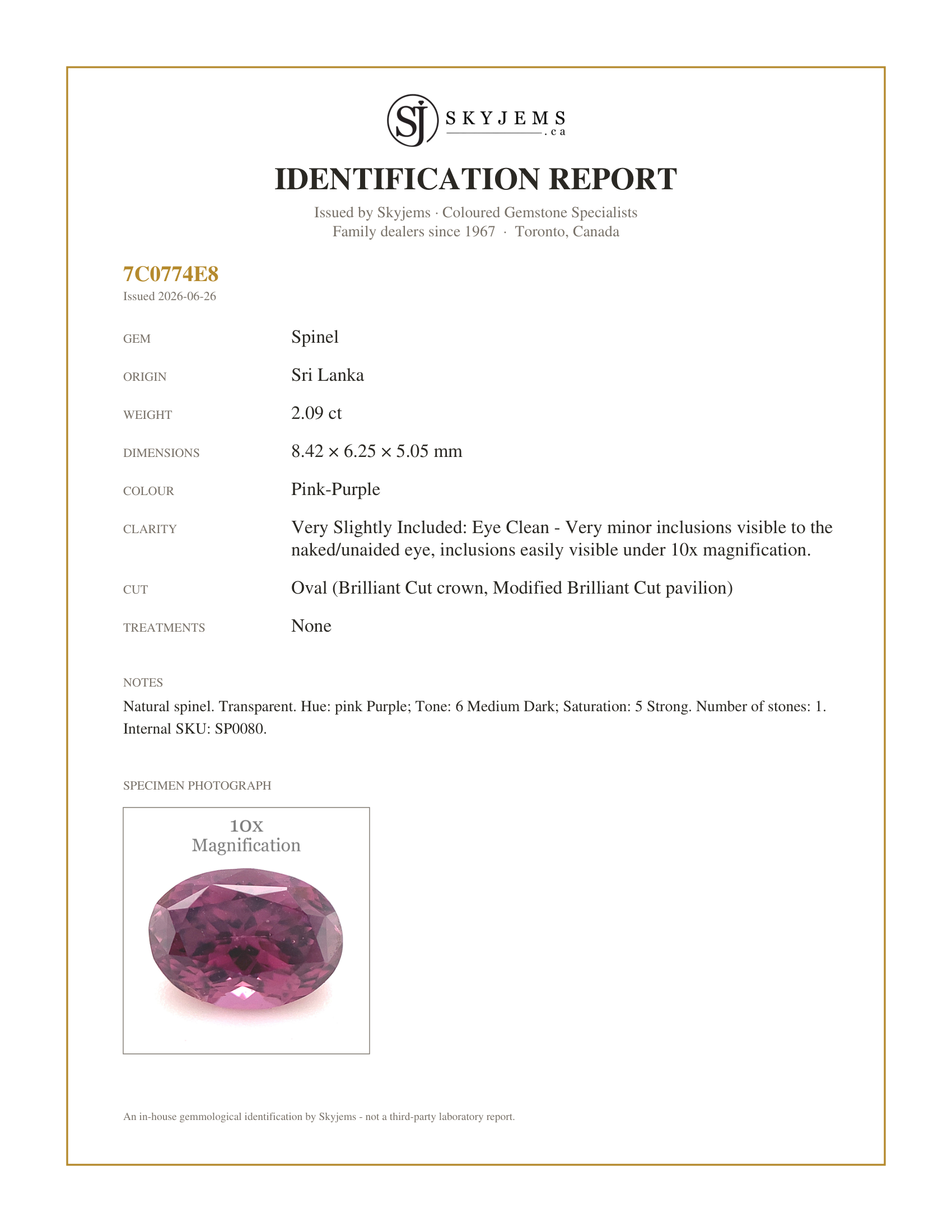 Skyjems Identification Report for SP0080 — 2.09ct Oval Pink-Purple Spinel from Sri Lanka Unheated