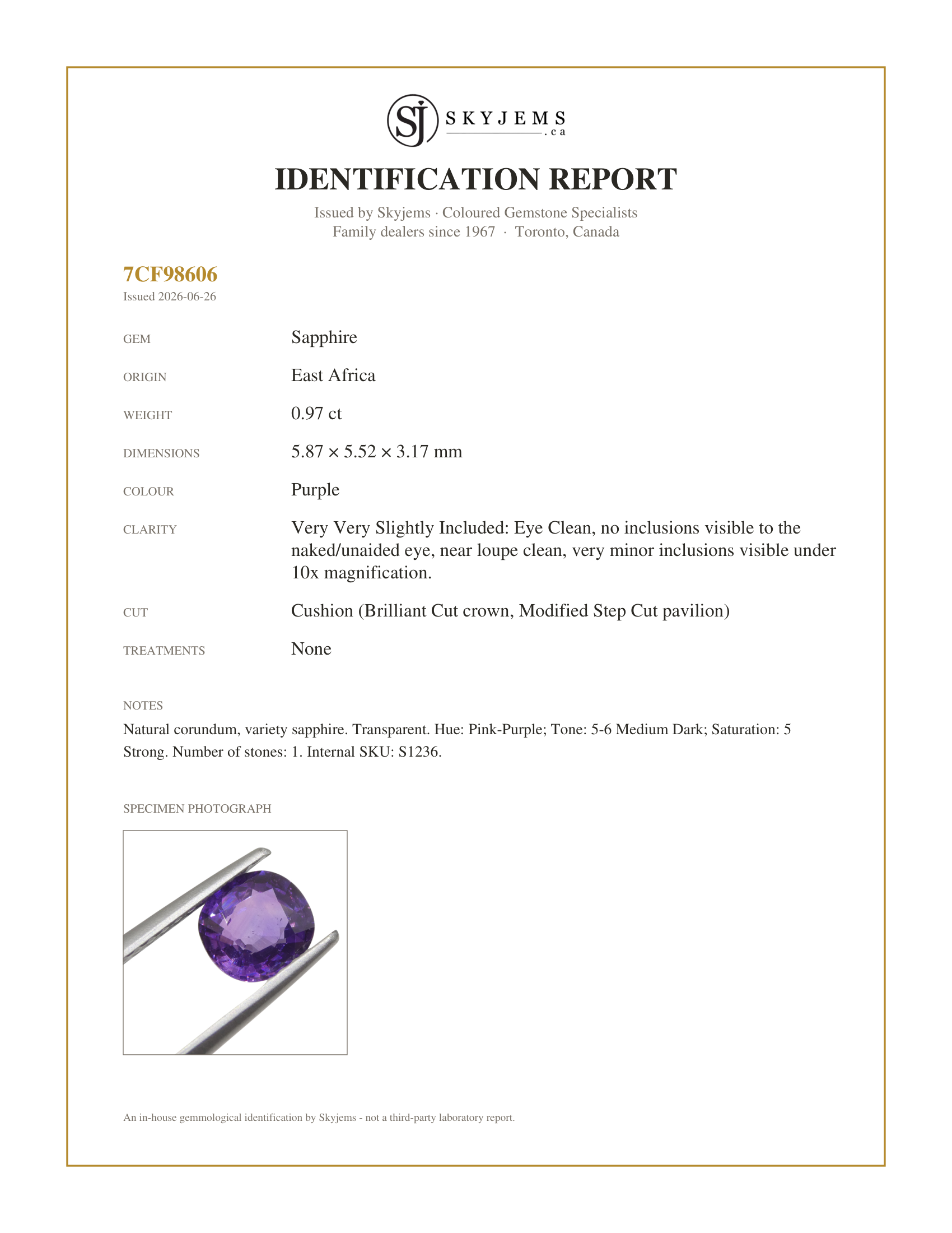 Skyjems Identification Report for S1236 — 0.97ct Cushion Purple  Sapphire from East Africa, Unheated