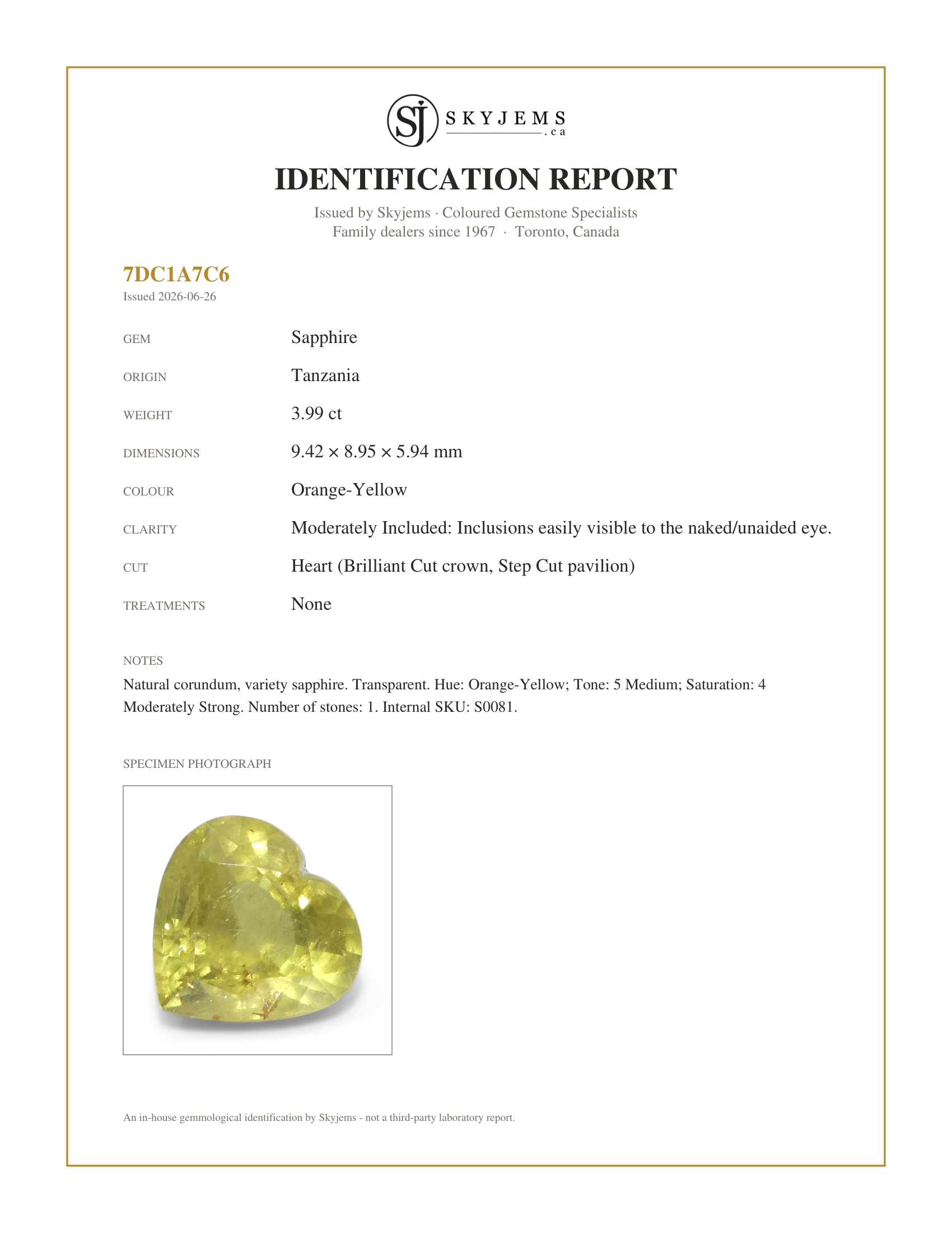 Skyjems Identification Report for S0081 — 3.99ct Heart Yellow Sapphire from Tanzania, Unheated