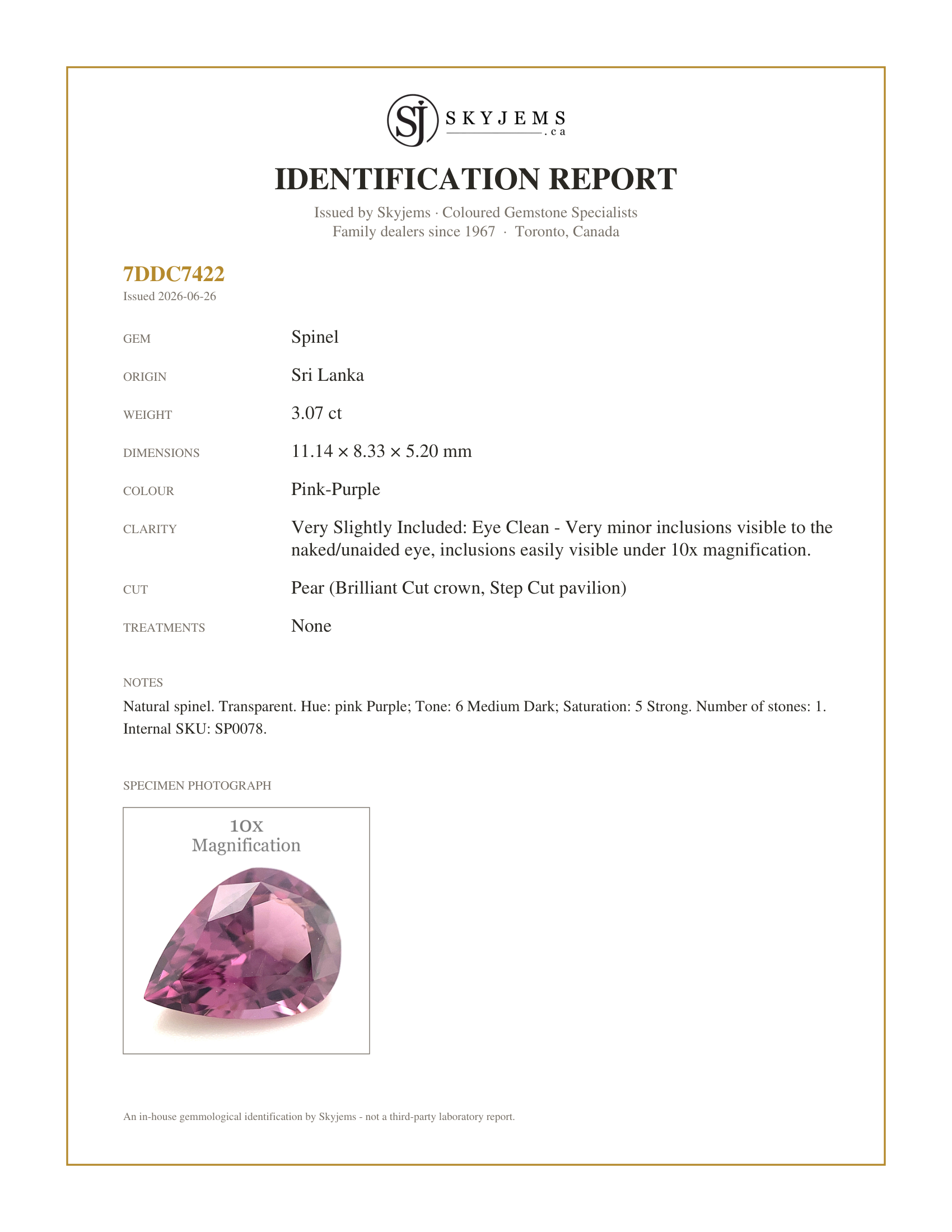 Skyjems Identification Report for SP0078 — 3.07ct Pear Pink-Purple Spinel from Sri Lanka Unheated