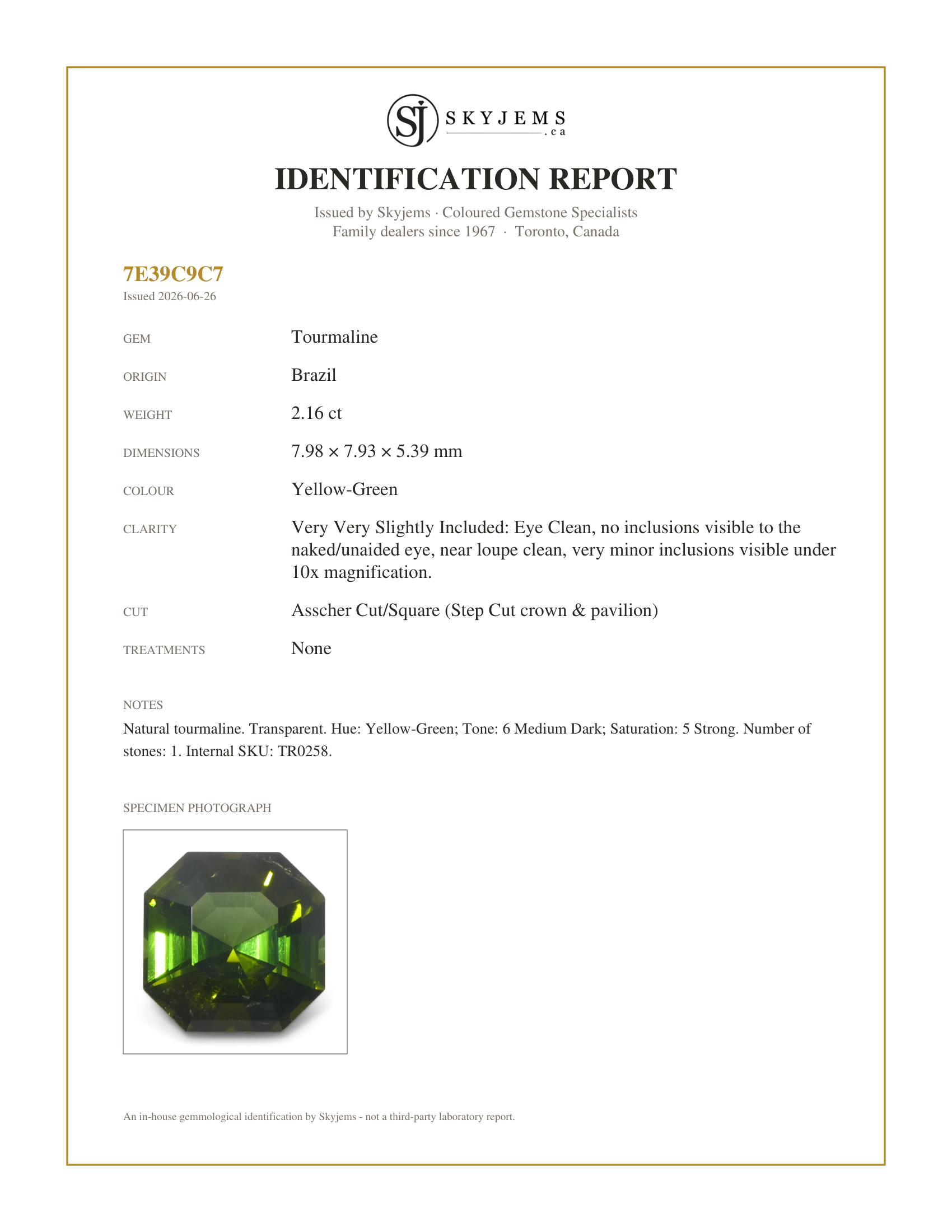Skyjems Identification Report for TR0258 — 2.16ct Asscher Cut/Square Yellow-Green Tourmaline