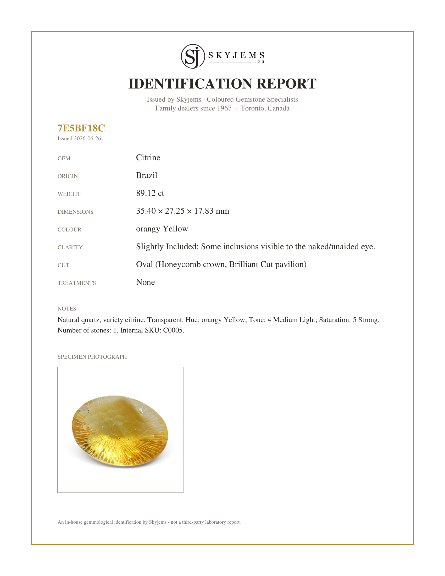 Skyjems Identification Report for C0005 — 89.12ct Oval Yellow Honeycomb Starburst Citrine