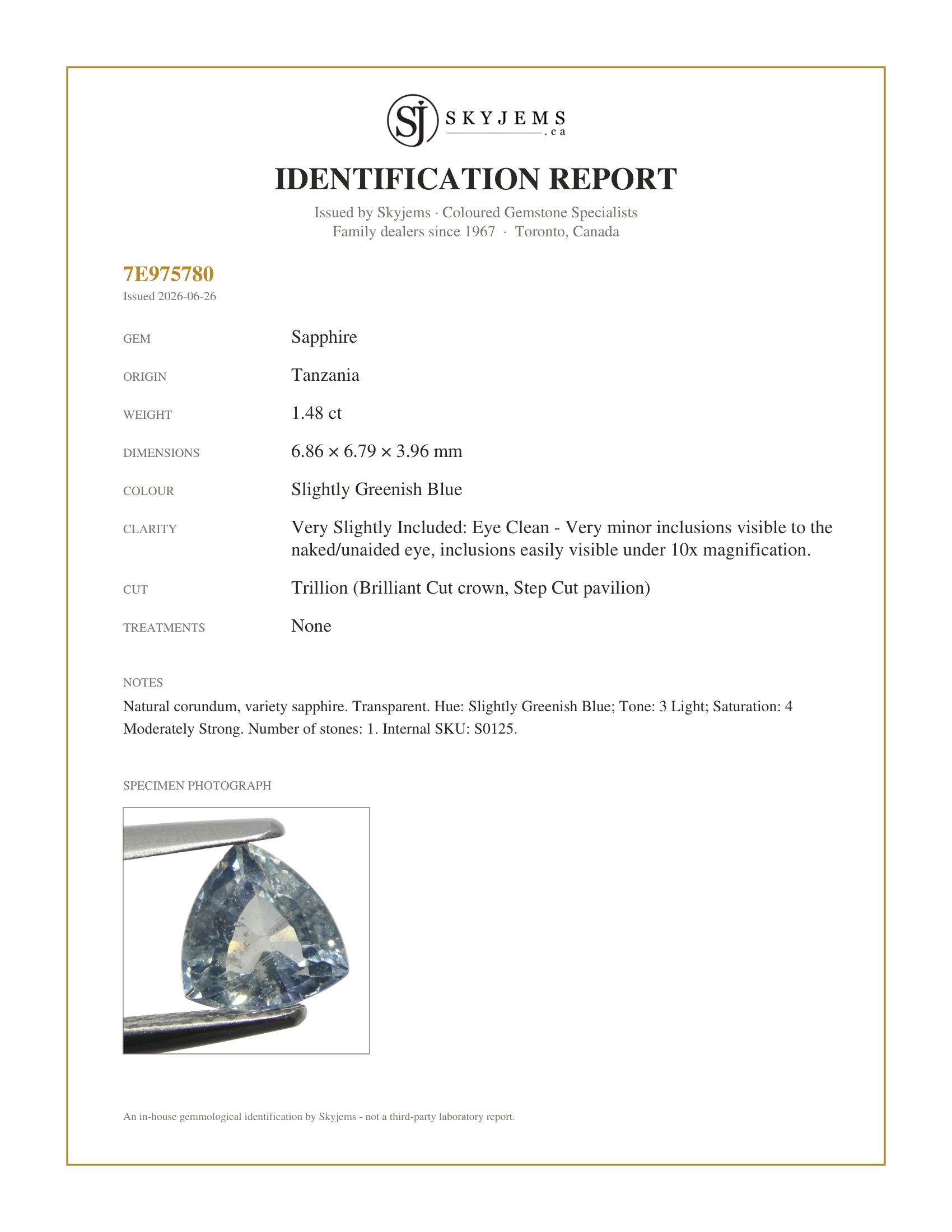 Skyjems Identification Report for S0125 — 1.48ct Trillion Teal Blue Sapphire from Tanzania Unheated