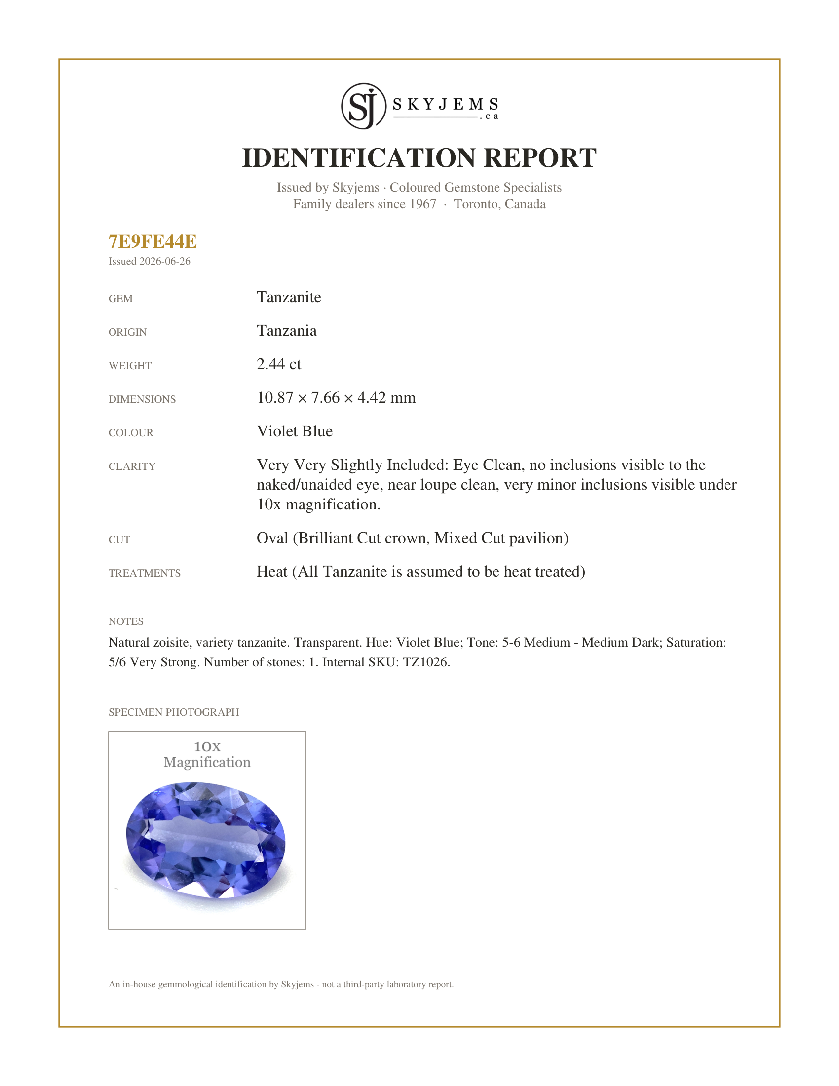 Skyjems Identification Report for TZ1026 — 2.44ct Oval Violet Blue Tanzanite from Tanzania