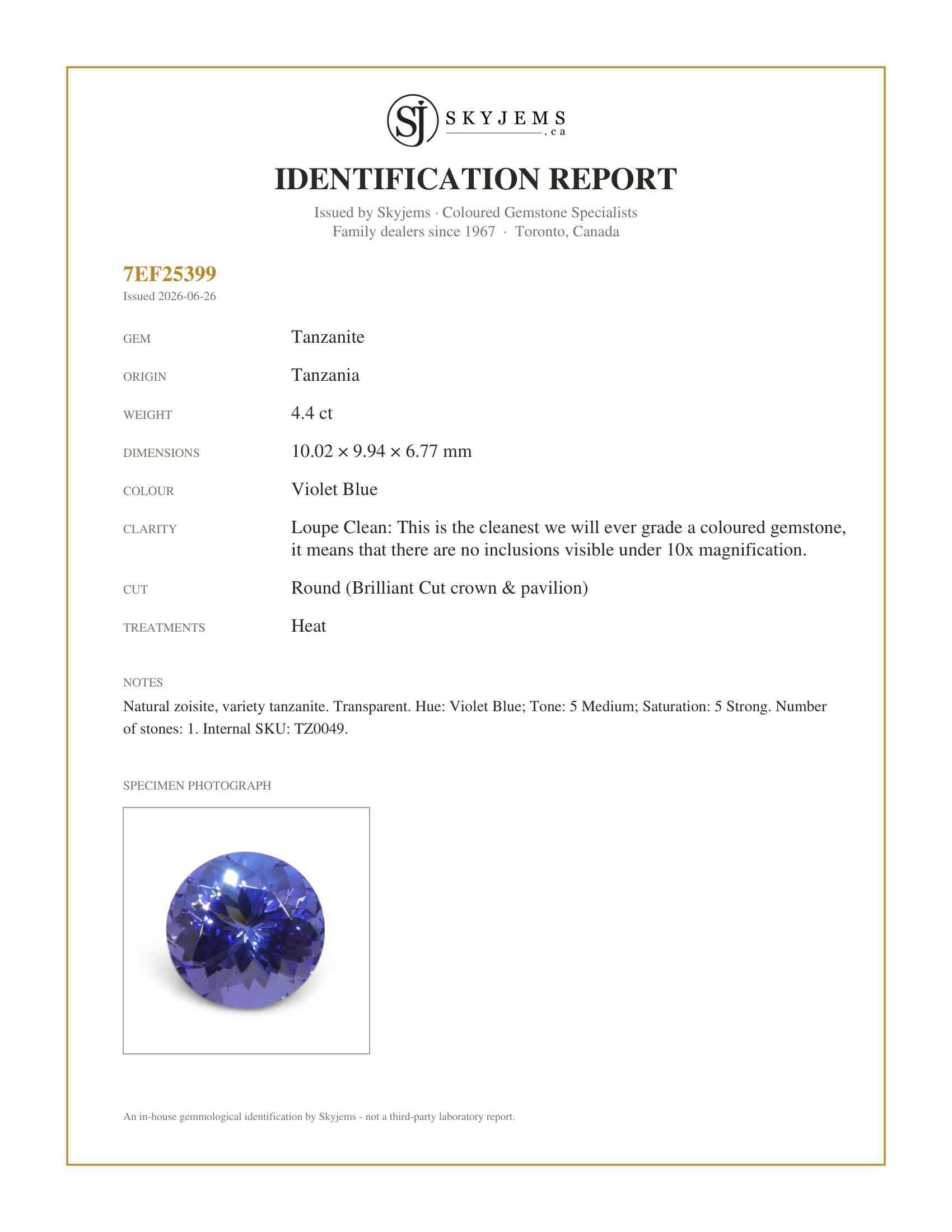 Skyjems Identification Report for TZ0049 — 4.4ct Round Violet Blue Tanzanite from Tanzania