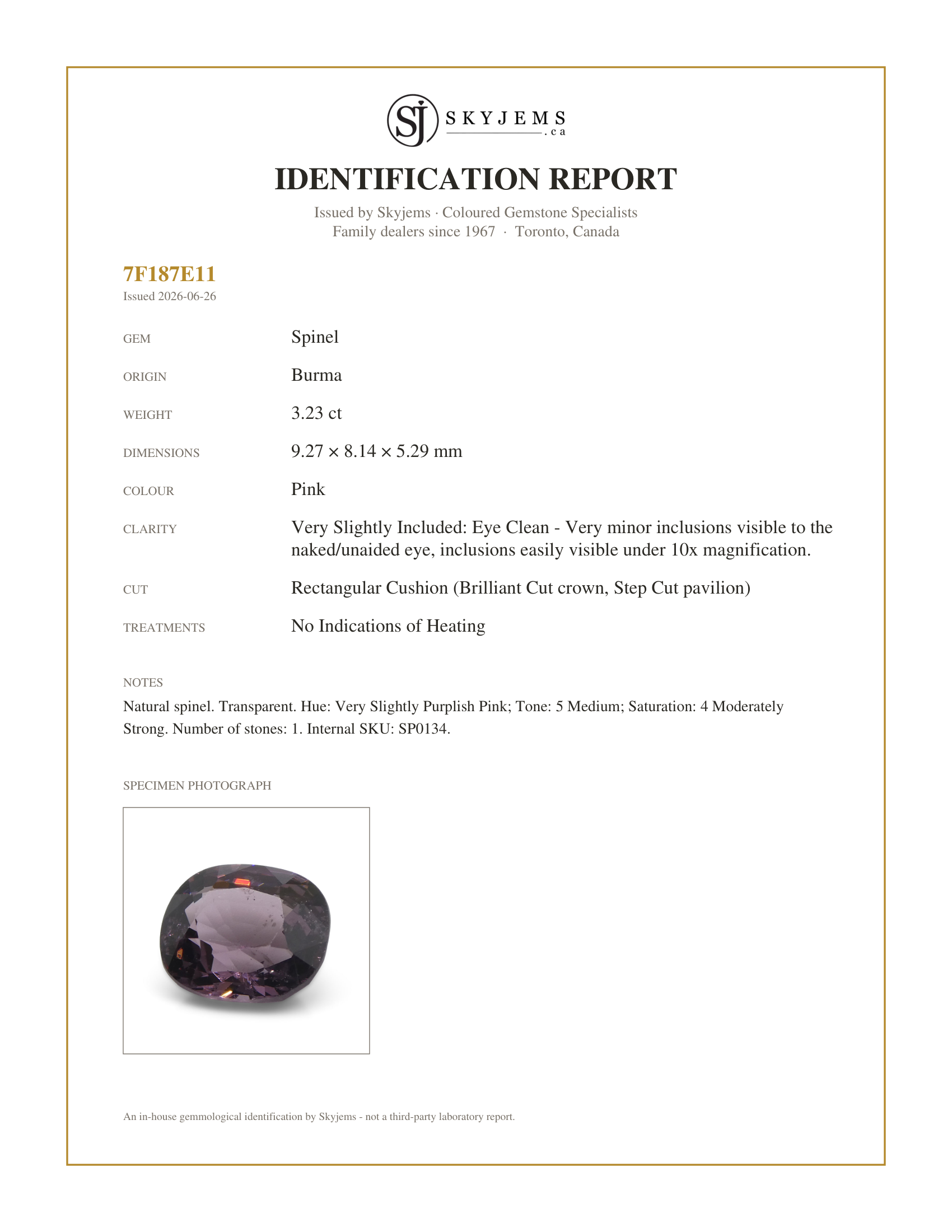 Skyjems Identification Report for SP0134 — 3.23ct Rectangular Cushion Pink Spinel from Burma