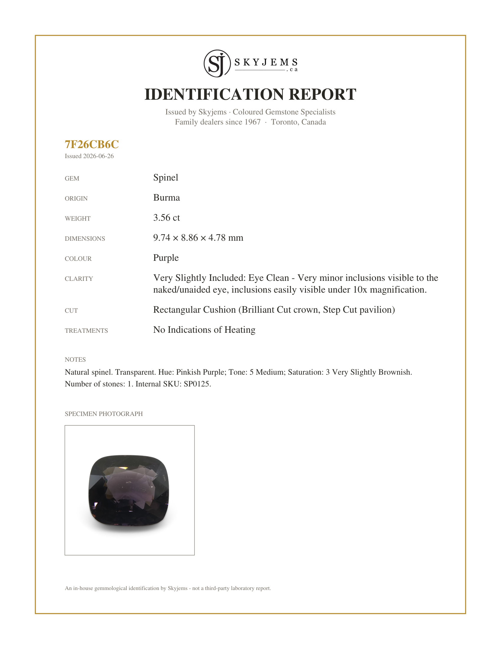 Skyjems Identification Report for SP0125 — 3.56ct Rectangular Cushion Purple Spinel from Burma