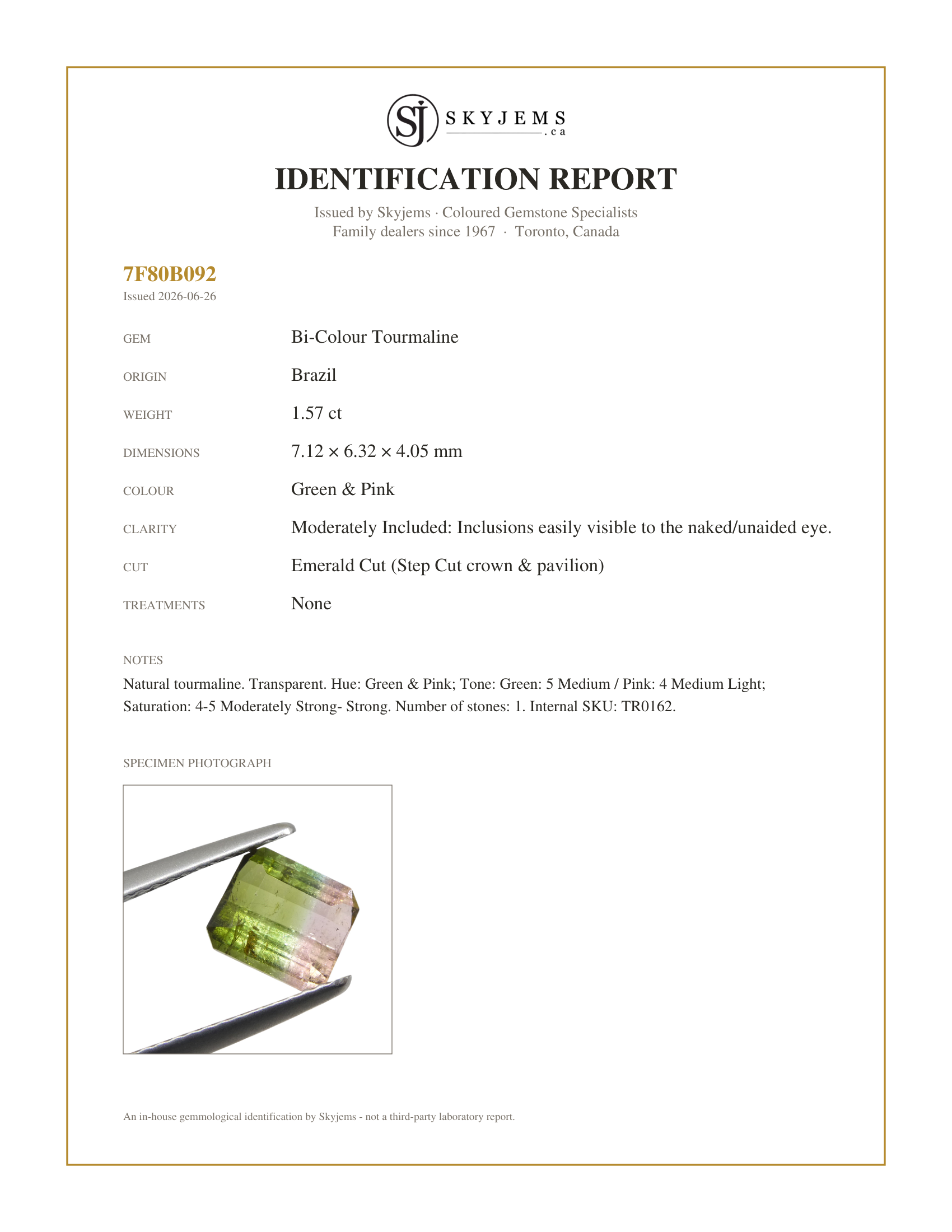 Skyjems Identification Report for TR0162 — 1.57ct Emerald Cut Green & Pink Bi-Colour Tourmaline