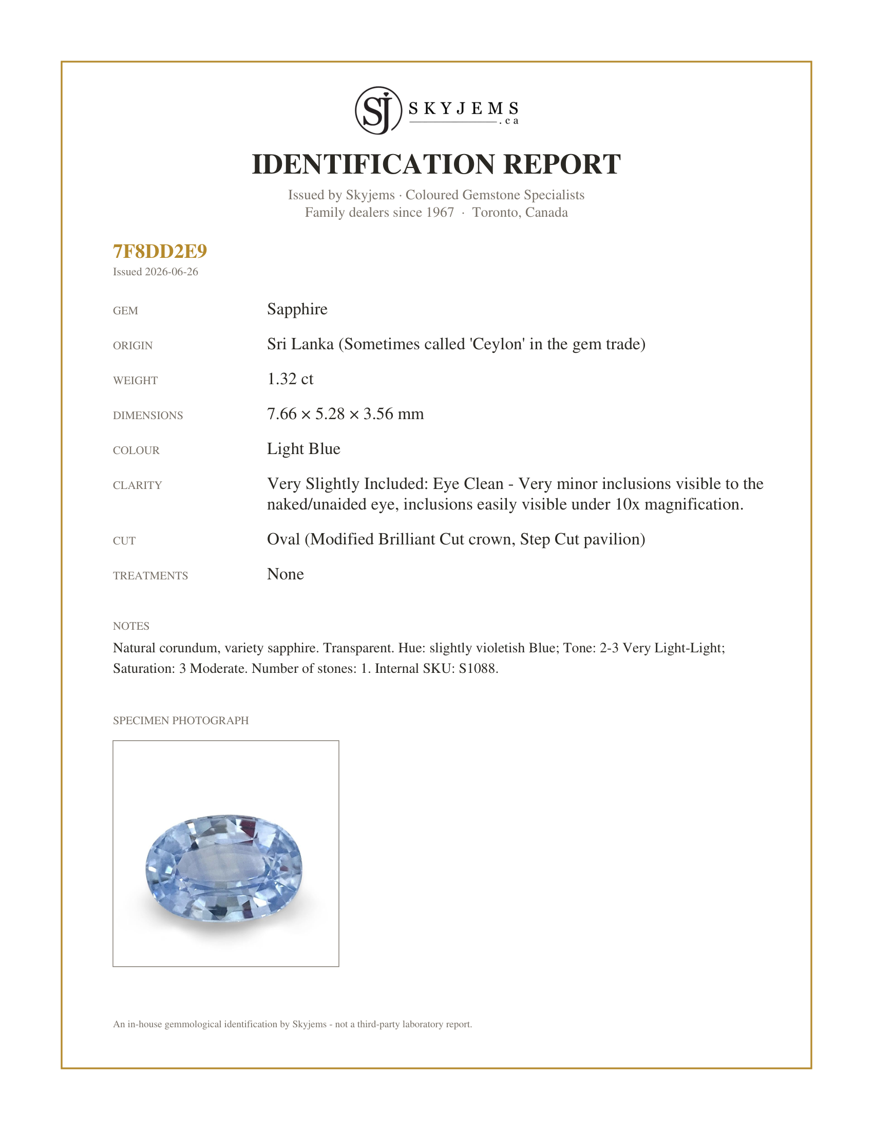 Skyjems Identification Report for S1088 — 1.32ct Oval Icy Blue Sapphire from Sri Lanka Unheated