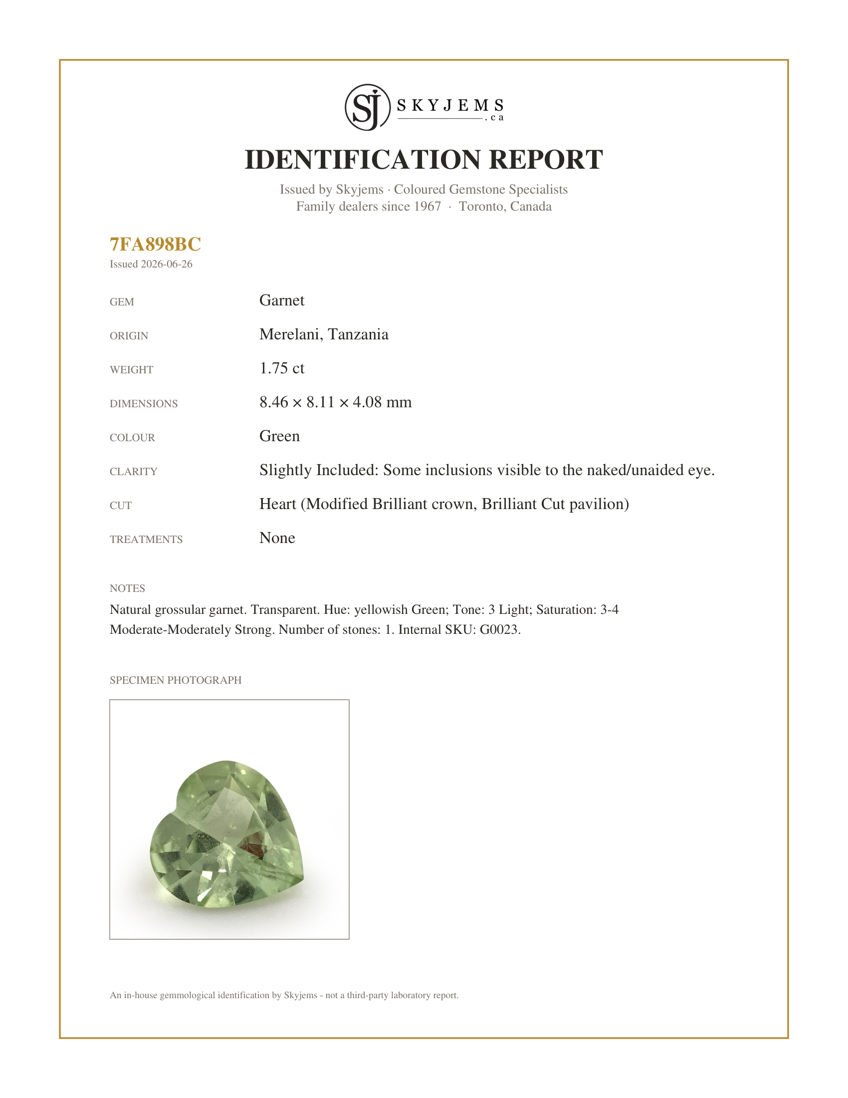 Skyjems Identification Report for G0023 — 1.75ct Heart Green Merelani Mint Tsavorite Garnet from Tanzania