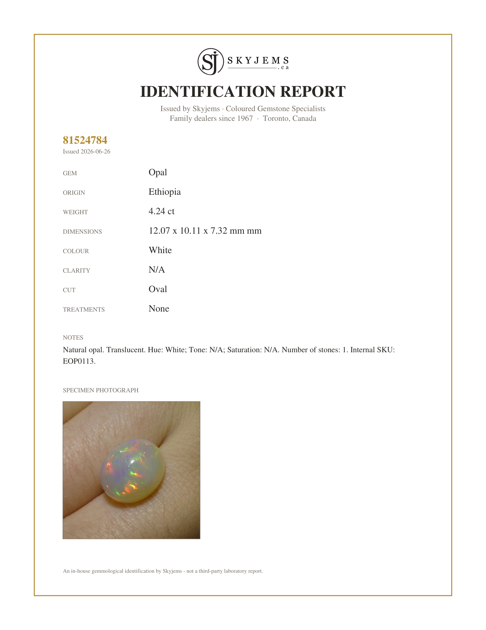 Skyjems Identification Report for EOP0113 — 4.24ct Oval Cabochon White Welo Opal from Ethiopia