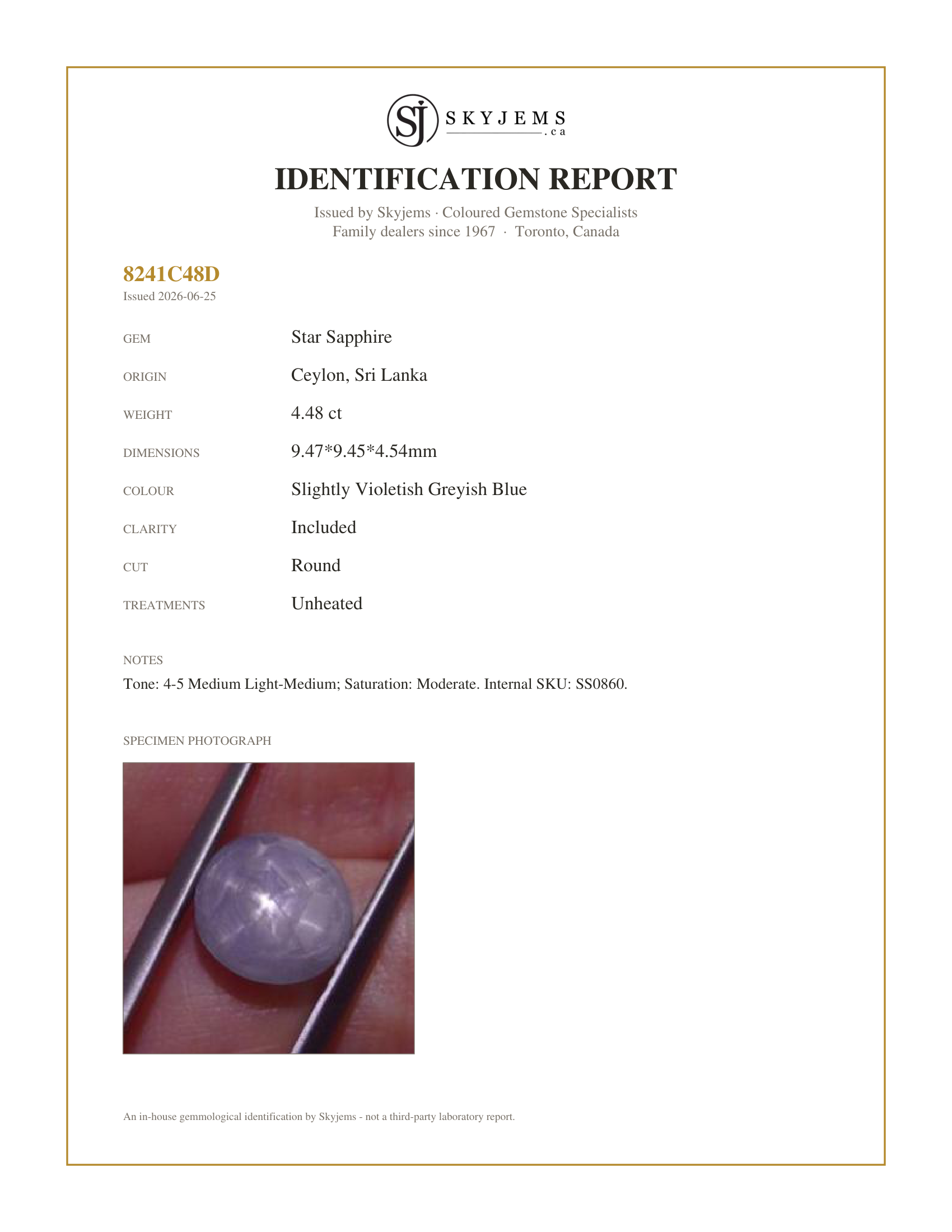 Skyjems Identification Report for SS0860 — 4.48 ct Unheated Blue Ceylon Star Sapphire